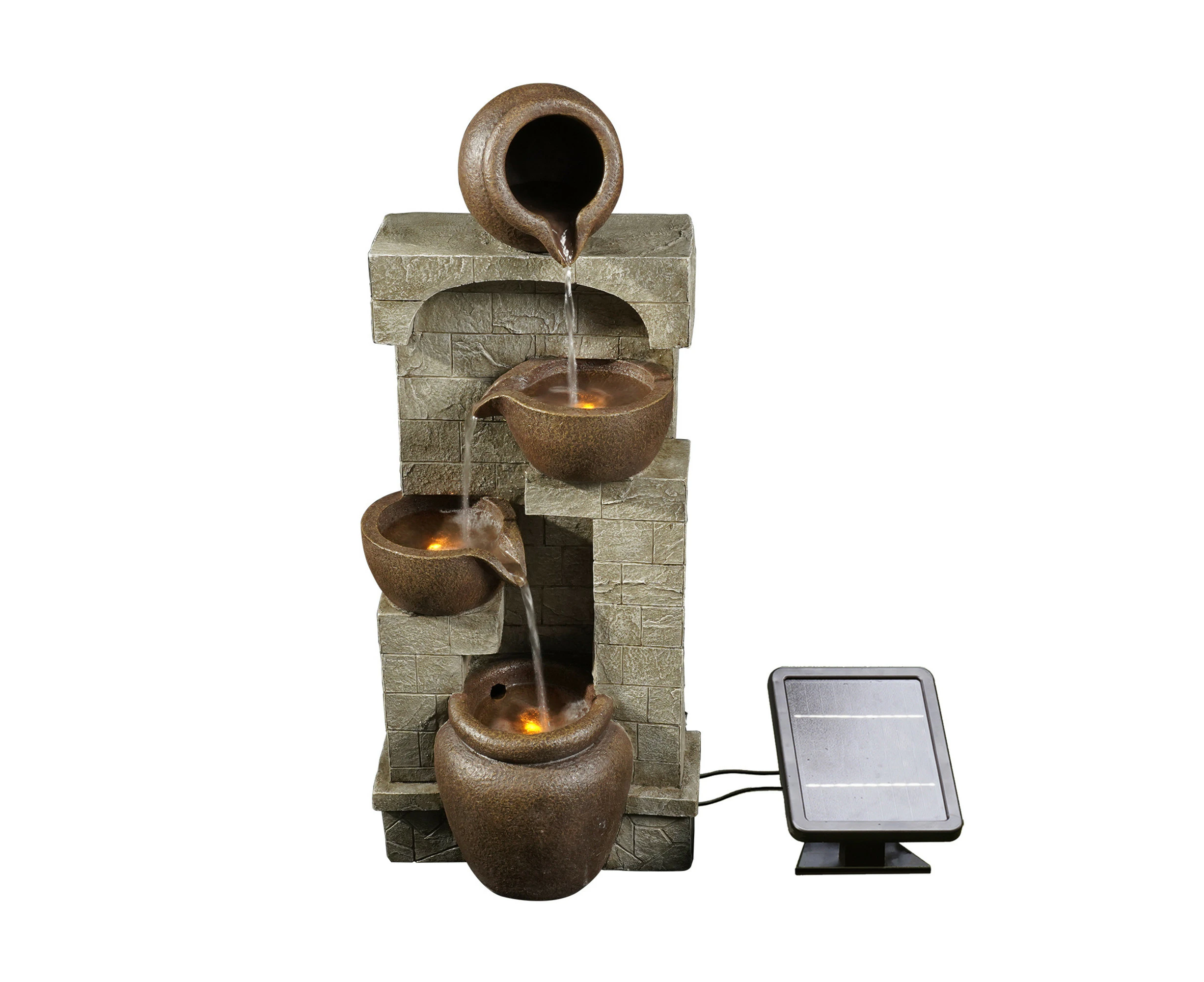 Teamson Home 28" Cascading Bowls & Stacked Stones LED Garden Water Feature for Outdoor Living Spaces, Brown