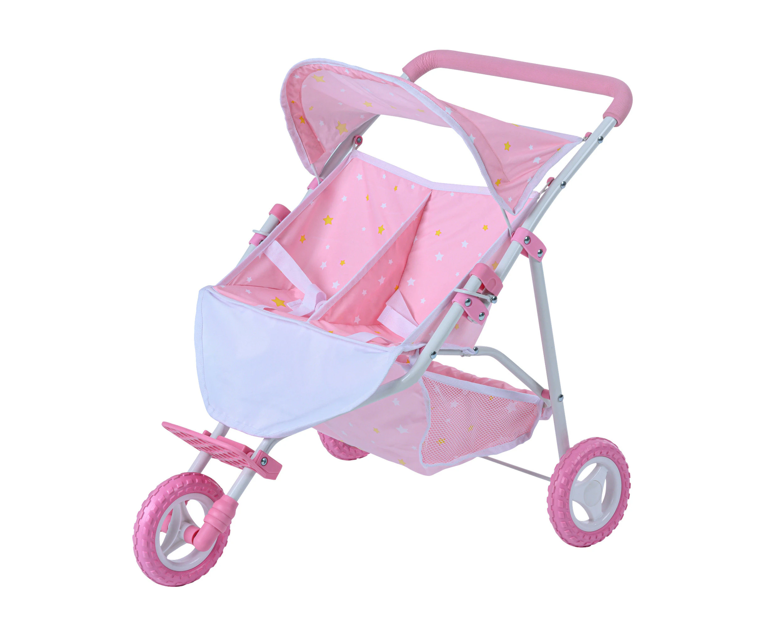 Olivia's Little World Twinkle Star Princess Baby Doll Twin Stroller with Retractable Canopy & Storage, Pink