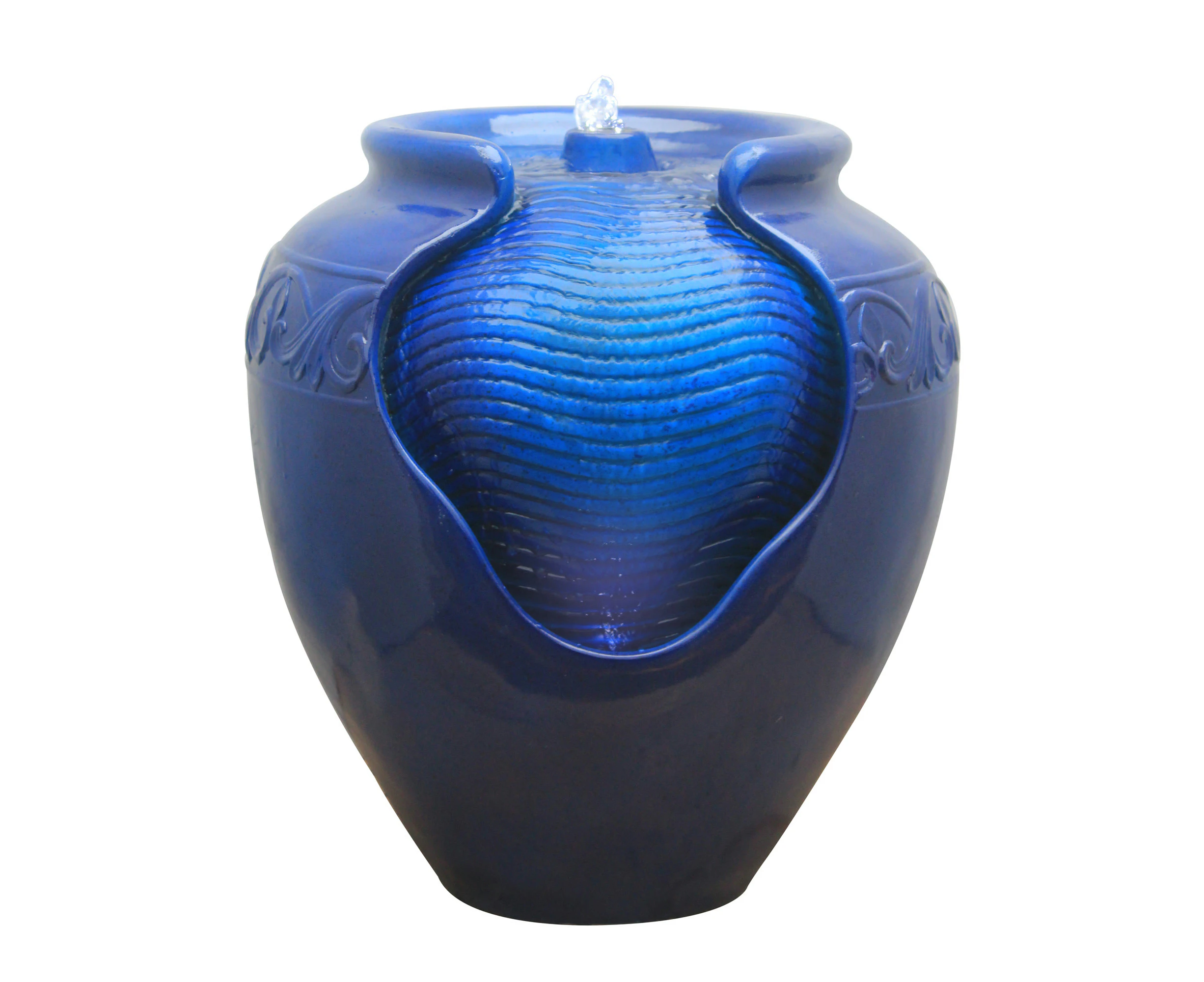 Teamson Home 16.93" Indoor/Outdoor Decorative Glazed Pot Water Fountain with LED lights, Royal Blue