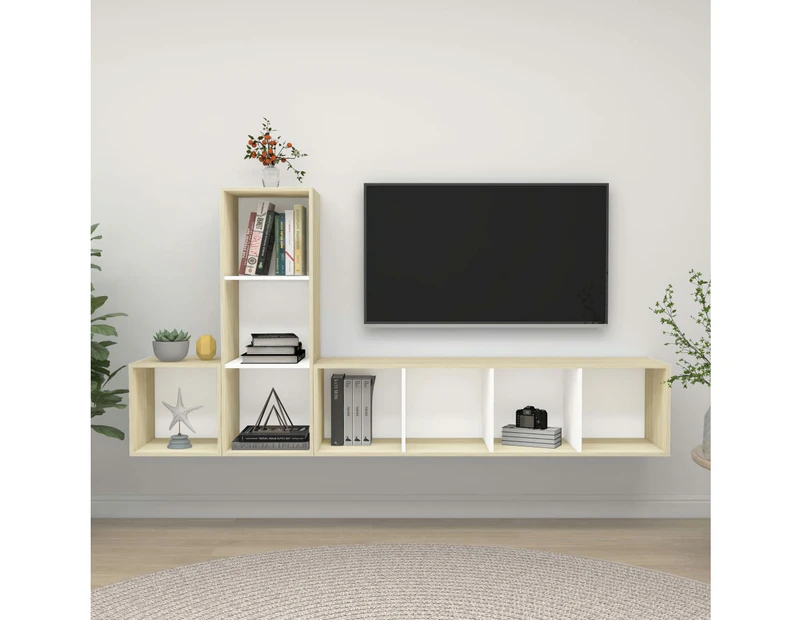 3 Piece TV Cabinet Set White and Sonoma Oak Engineered Wood