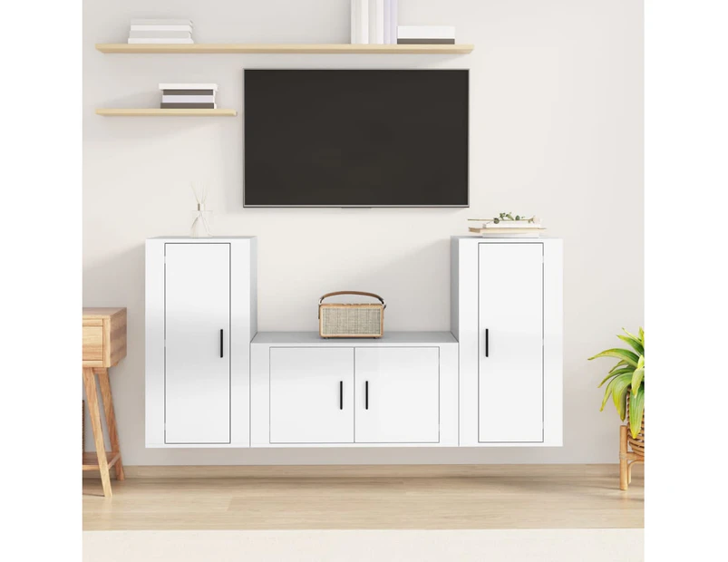 3 Piece TV Cabinet Set High Gloss White Engineered Wood