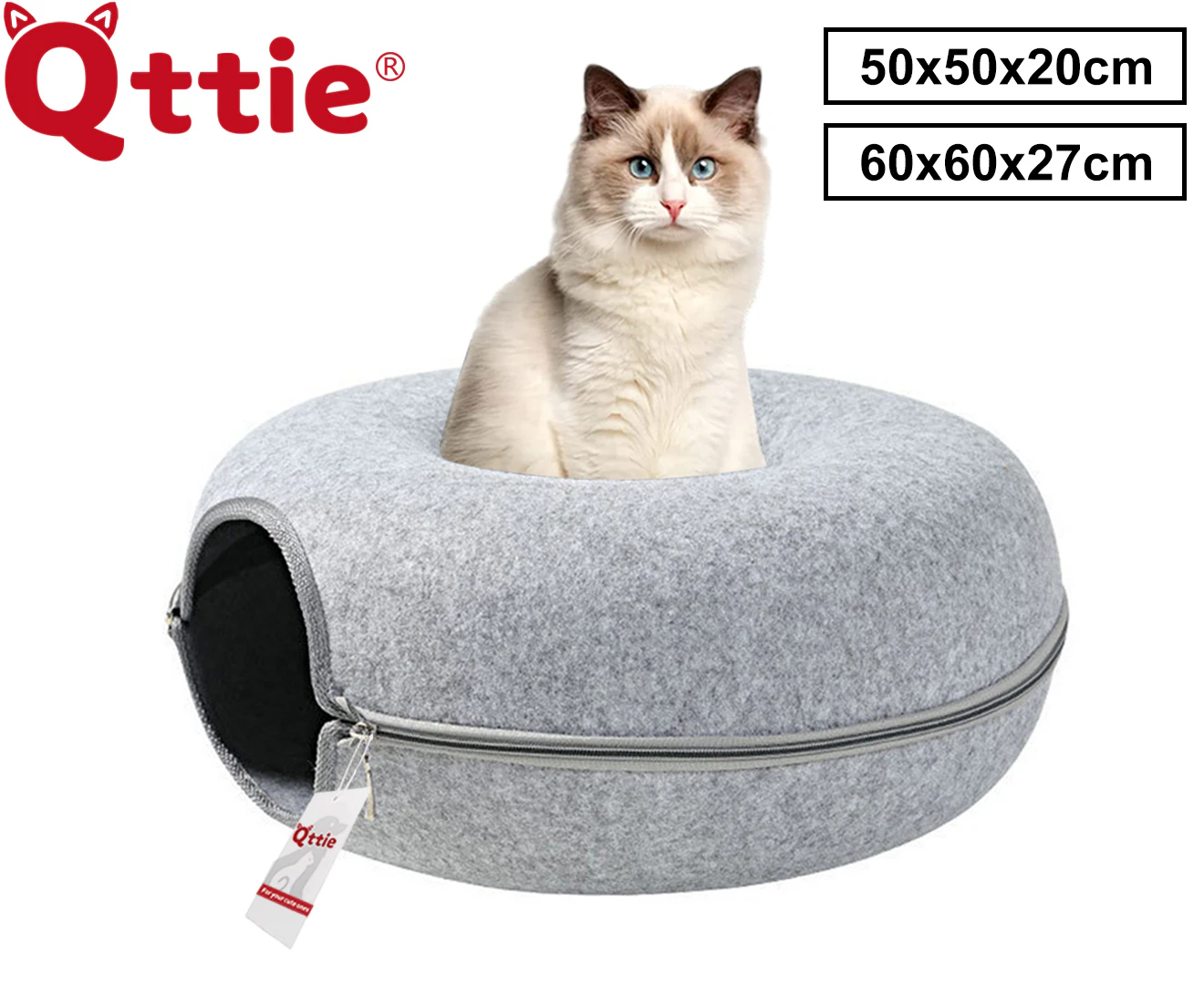 Qttie Cat Tunnel Bed Felt Pet Puppy Nest Cave House Round Donut Washable Detachable-Light Grey, 60x60x27CM