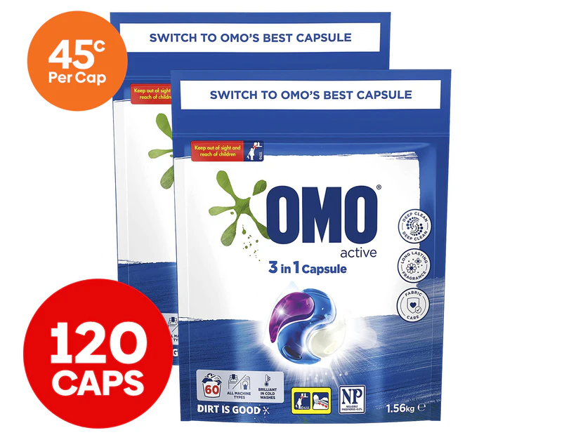 2 x 60pk OMO Active 3-in-1 Laundry Capsules