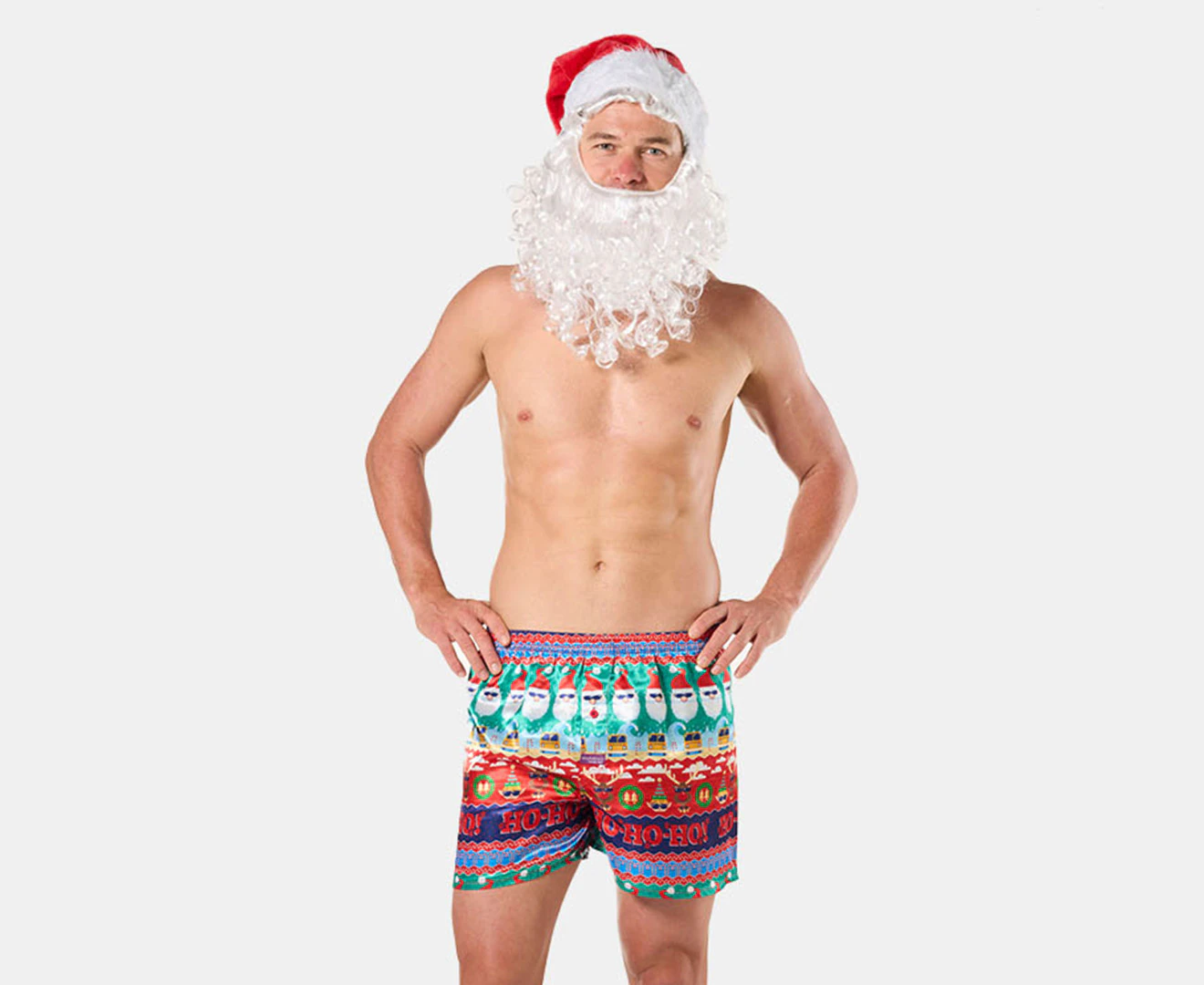 Mitch Dowd Men's Ugly Ho Ho Ho Satin Boxer Shorts & Santa Hat - Multi