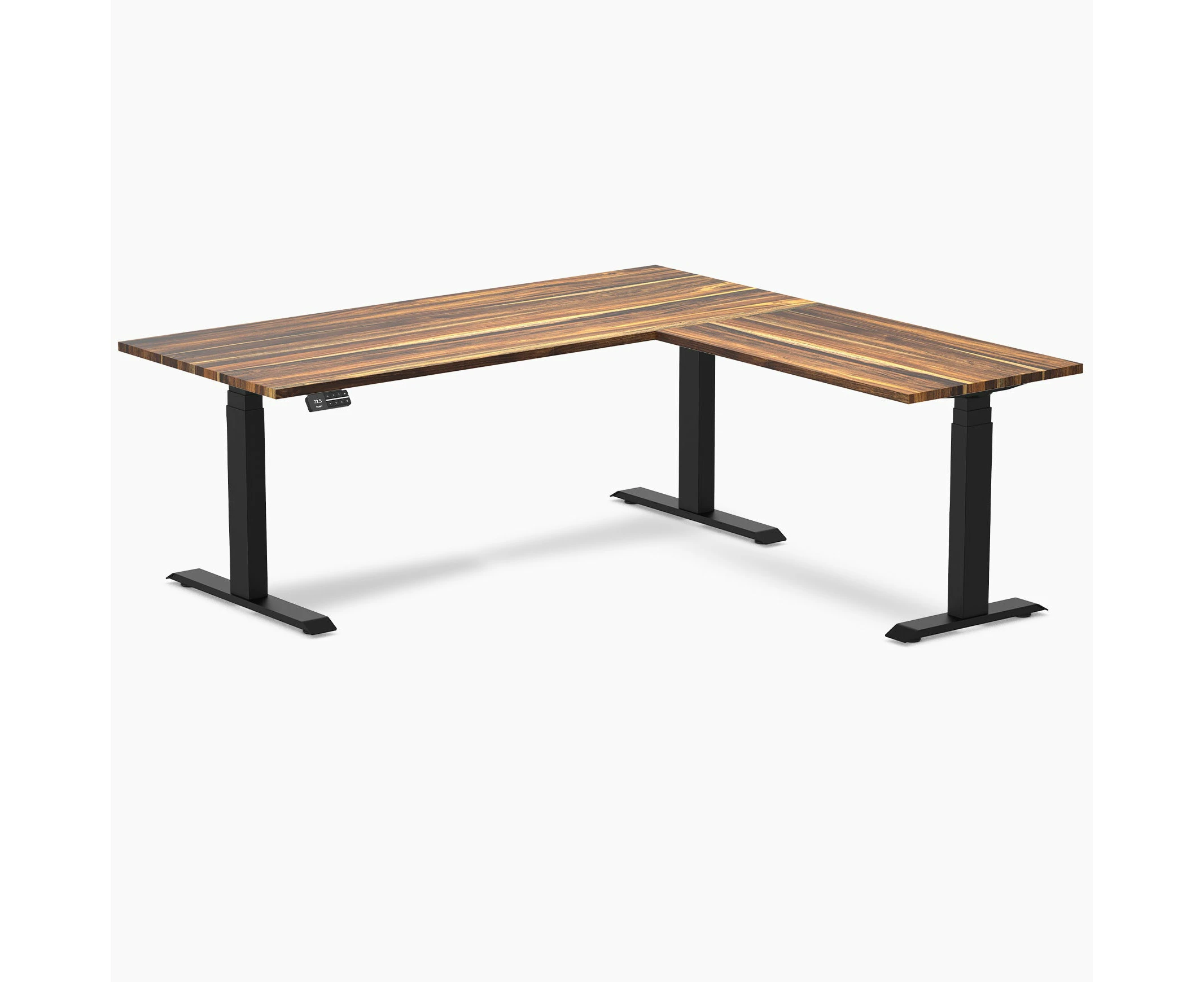 Desky Hardwood L-Shape Sit Stand Desk - Pheasantwood / Matte Black