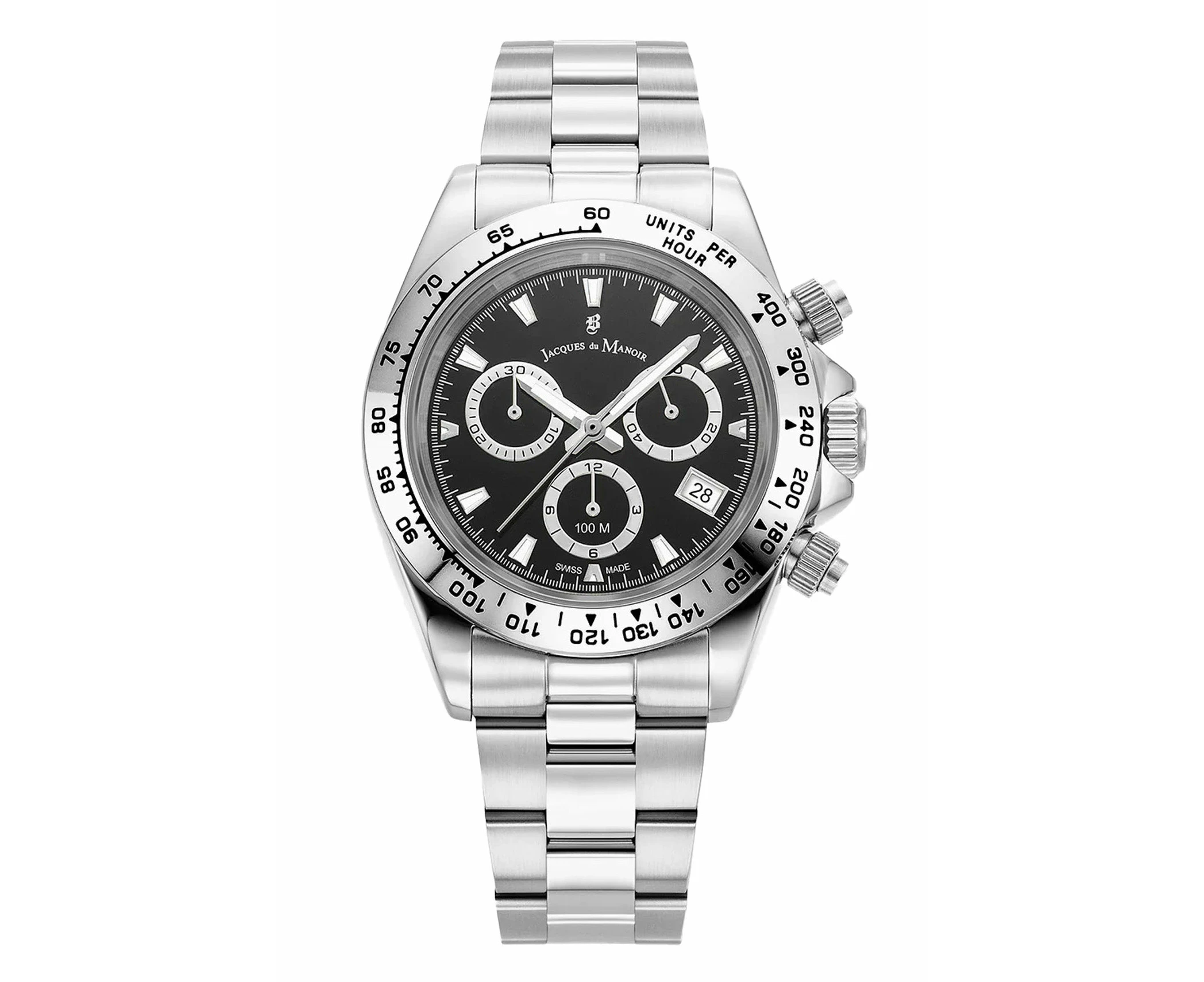 Jacques Du Manoir Swiss Phoenix Chrono 40mm 100m Water Resistant Back Dial Stainless Steel Strap Watch