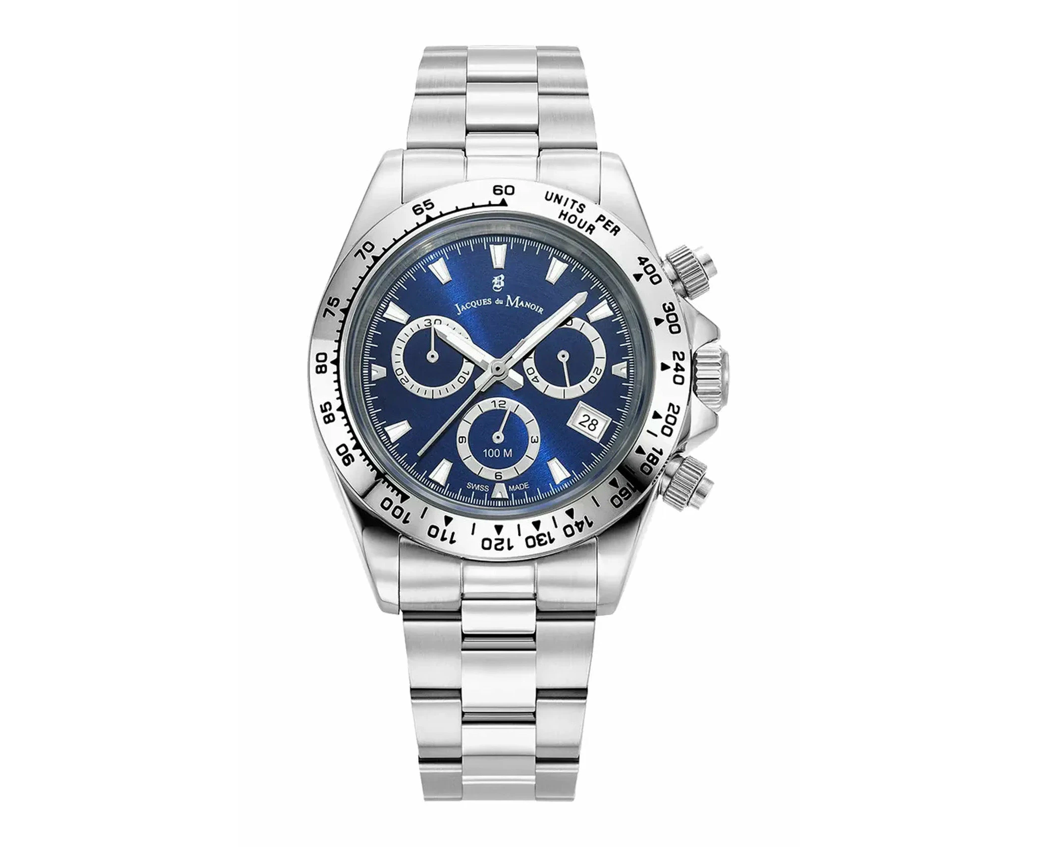 Jacques Du Manoir Swiss Phoenix Chrono 40mm 100m Water Resistant Blue Dial Stainless Steel Strap Watch