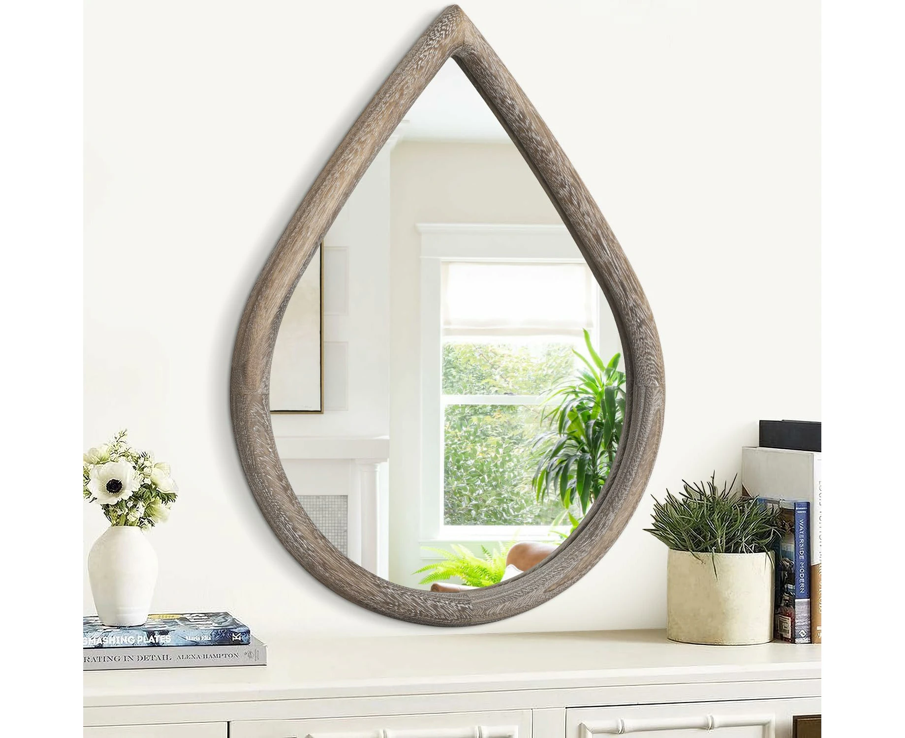 Teardrop Wall Mirror with Wood Framed Farmhouse Wall Hanging Mirrors for Wall Decor Irregular Decorative Mirror for Bedroom Living Room Bathroom 50x