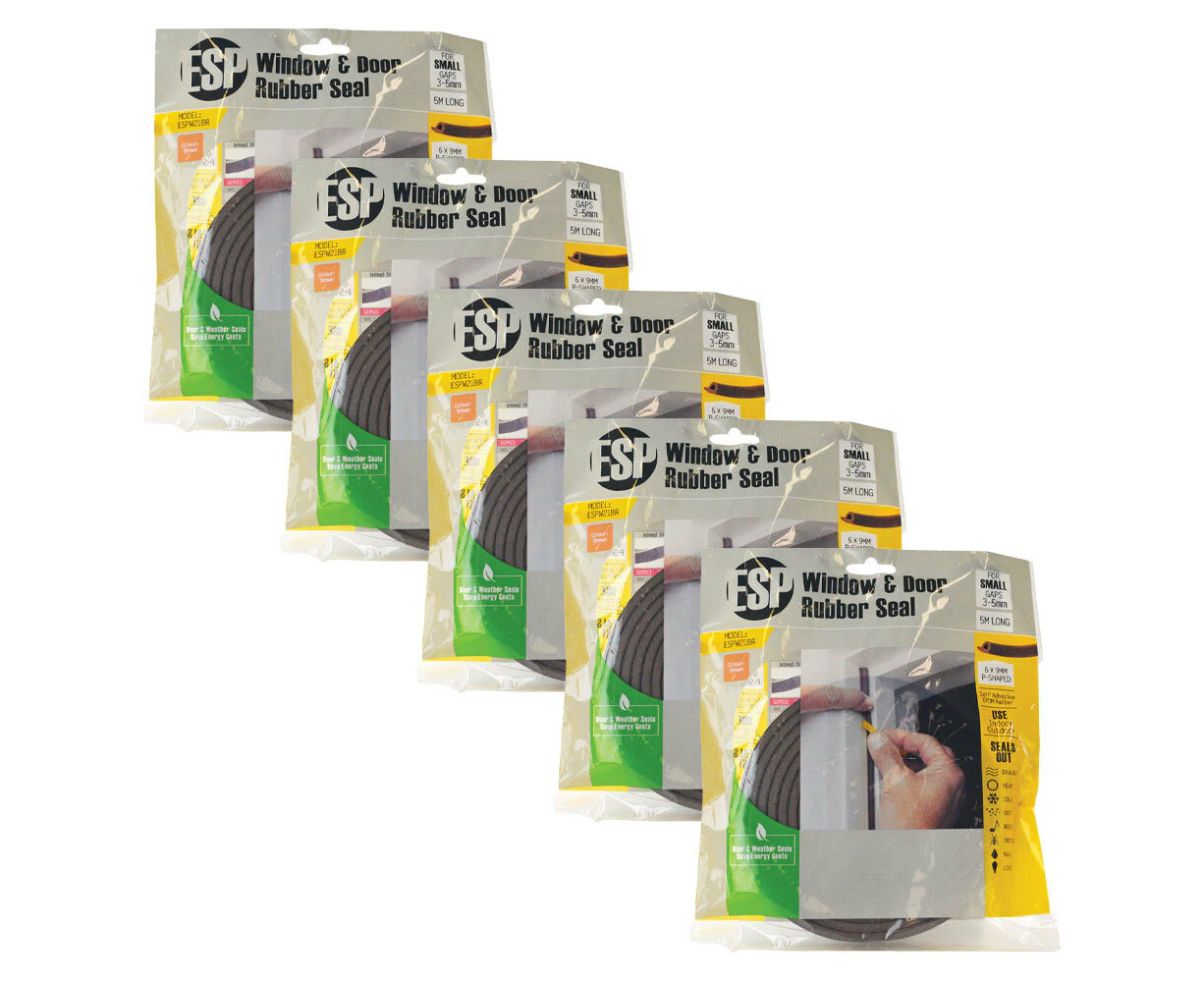 5x ESP Window & Door Rubber P-Shaped Weather Draught Adhesive Sealer Brown 6x9mm