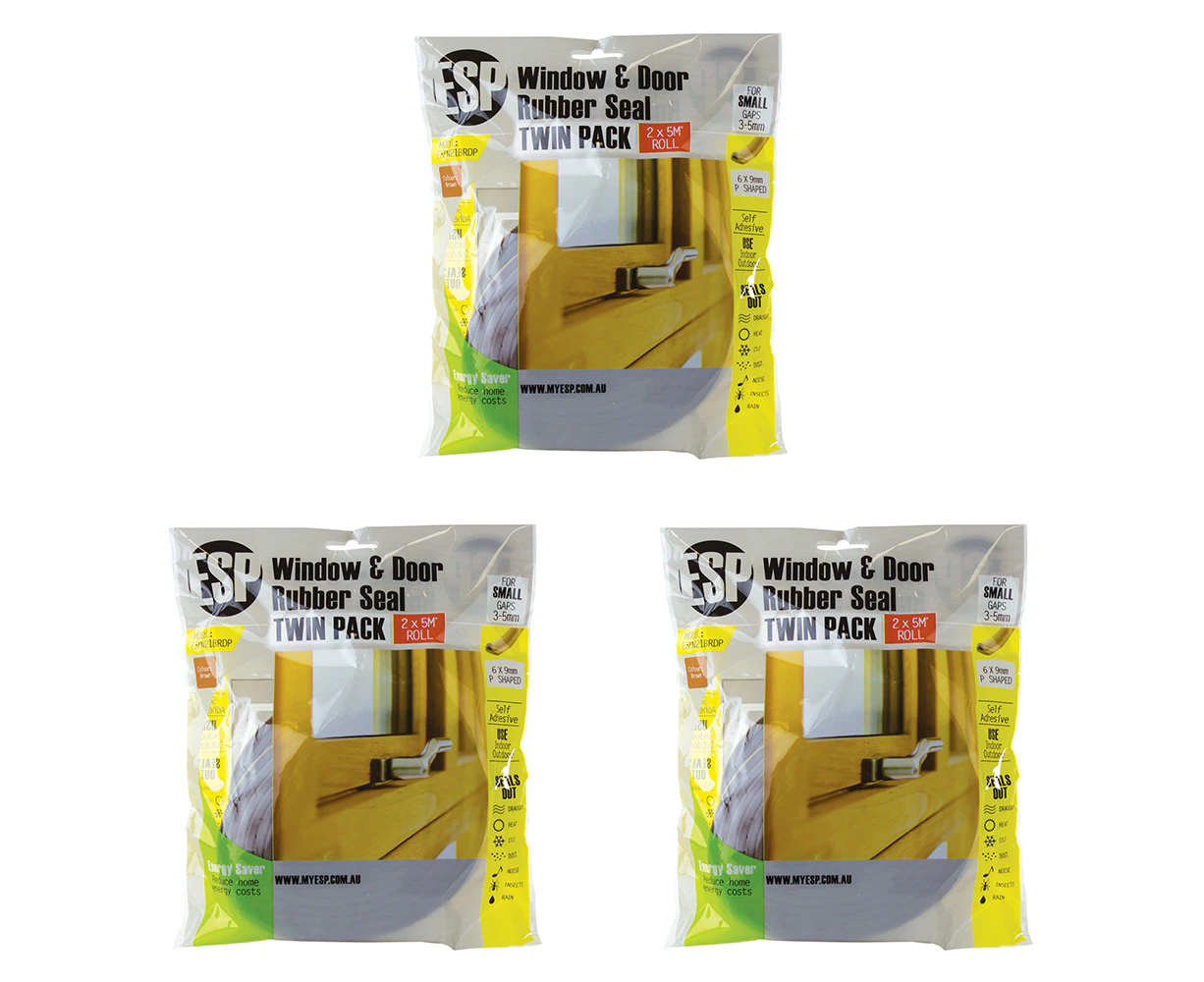 6pc ESP Window & Door Rubber P-Shaped Weather Seal Adhesive Brown 6x9mm