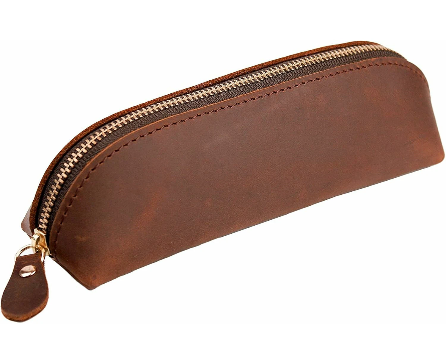 Leather Zipper Pen Case Pouch Holder Bag - Small Travel Makeup Cosmetic Bag - Vintage Brown