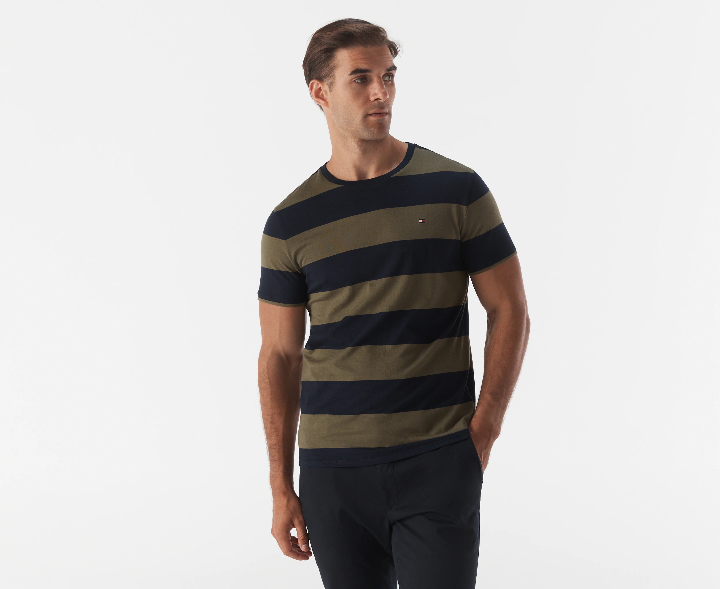 Tommy Hilfiger Men's Nantucket Rugby Stripe Tee / T-Shirt / Tshirt - Army Green