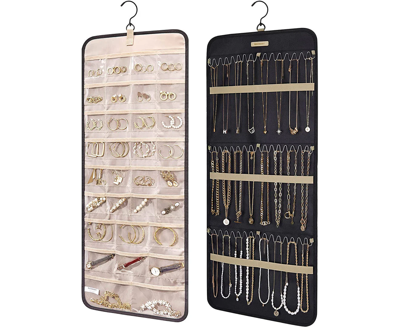 Double-Sided Hanging Jewelry Display Organizer Storage Roll with Hook-L-Black