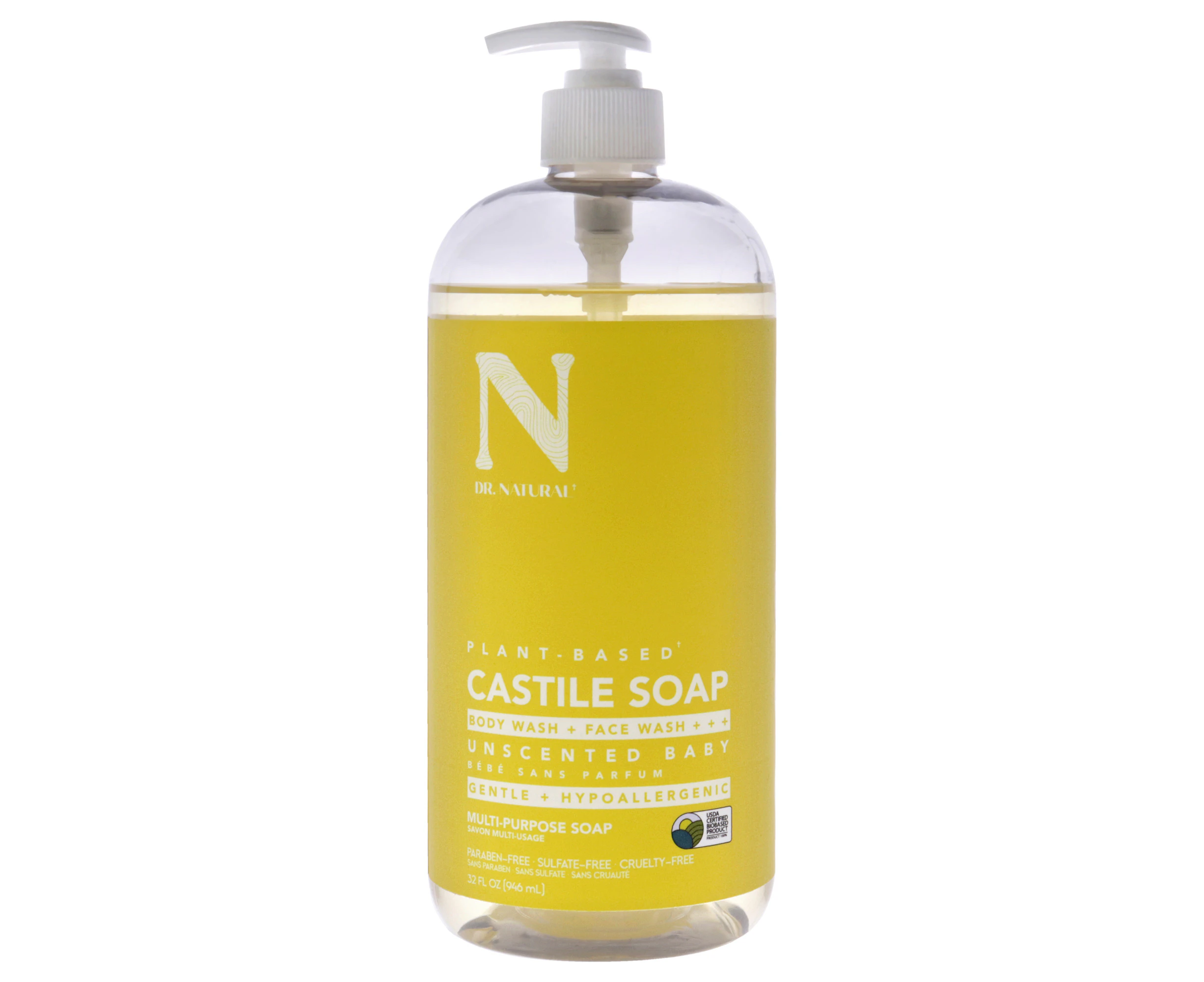 Castile Liquid Soap - Unscented Baby by Dr. Natural for Unisex - 32 oz Soap