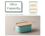 DOWAN Ceramic Butter Dish Large Butter Keeper with Wooden Lid, Turquoise 17x10x8cm