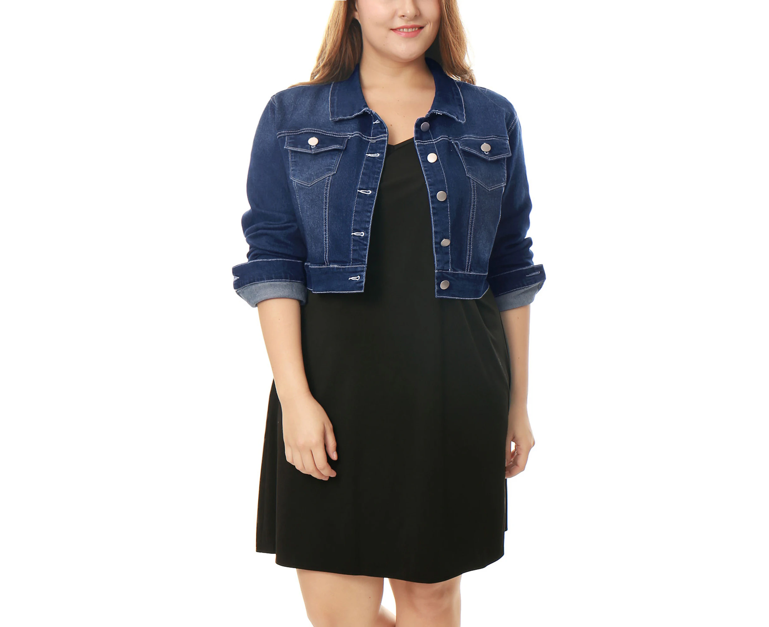 uxcell Plus Size Stitching Cropped Denim Jackets Dark Blue