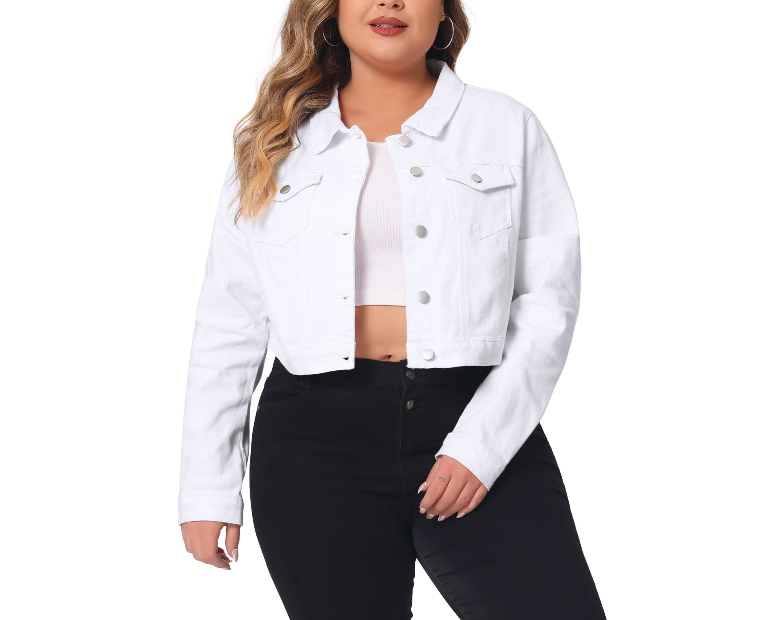 uxcell Plus Size Stitching Cropped Denim Jackets White