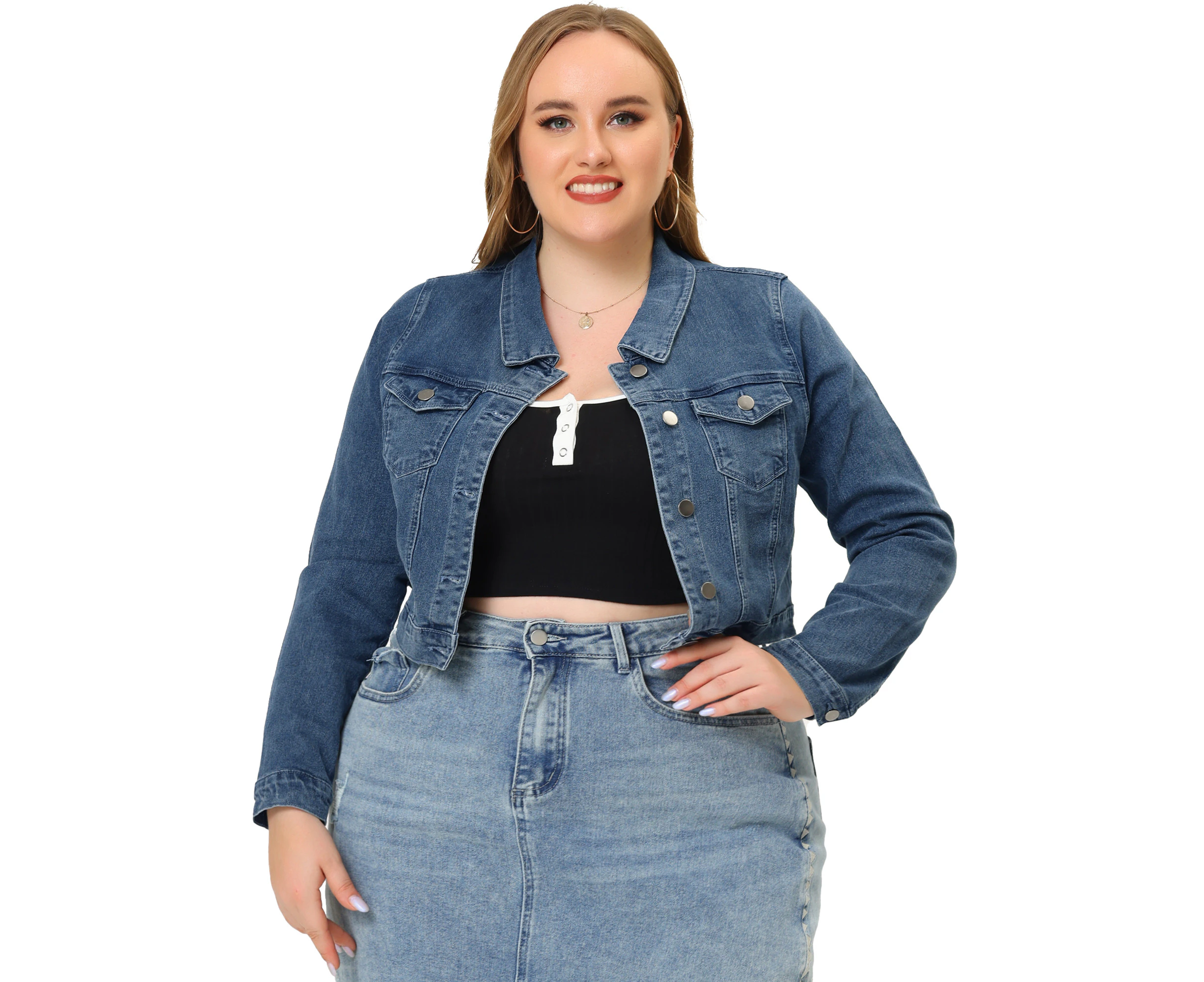 uxcell Plus Size Stitching Cropped Denim Jackets Dark Gray Blue