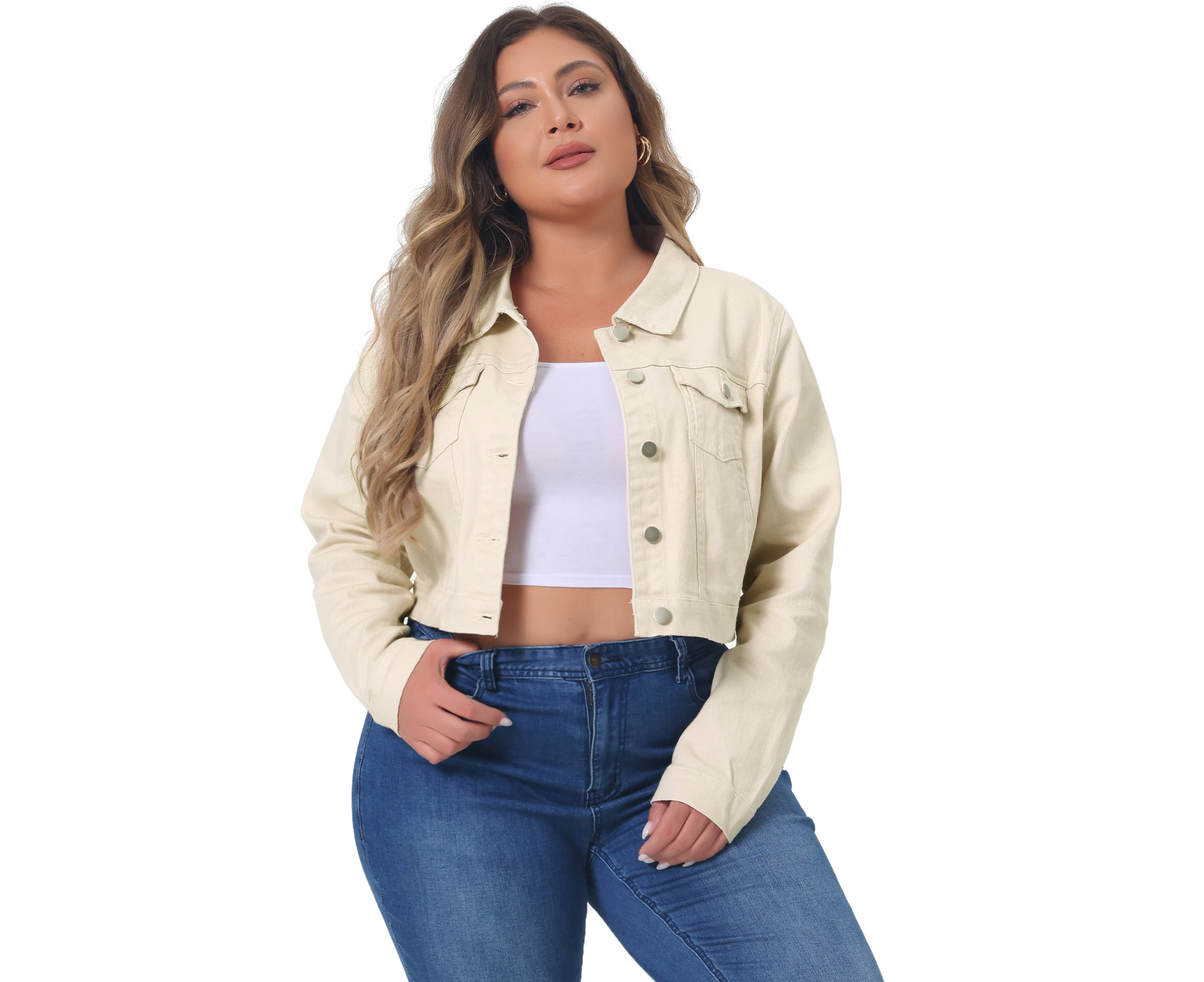 uxcell Plus Size Stitching Cropped Denim Jackets Beige