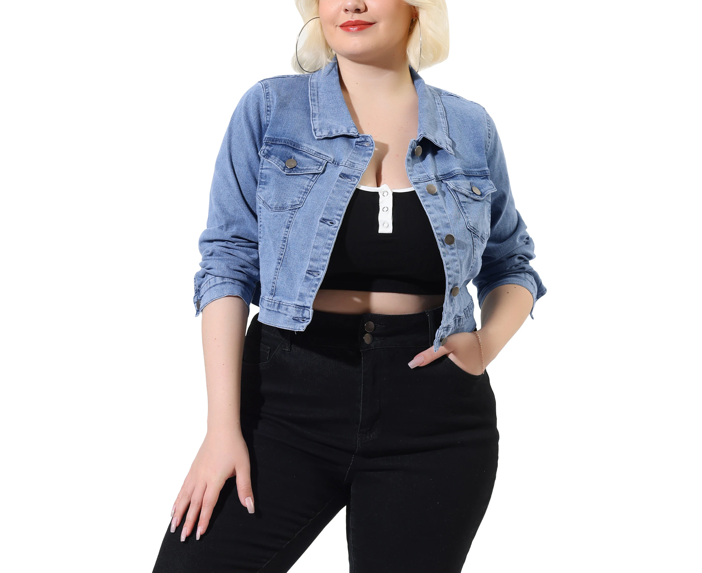 uxcell Plus Size Stitching Cropped Denim Jackets Blue Gray