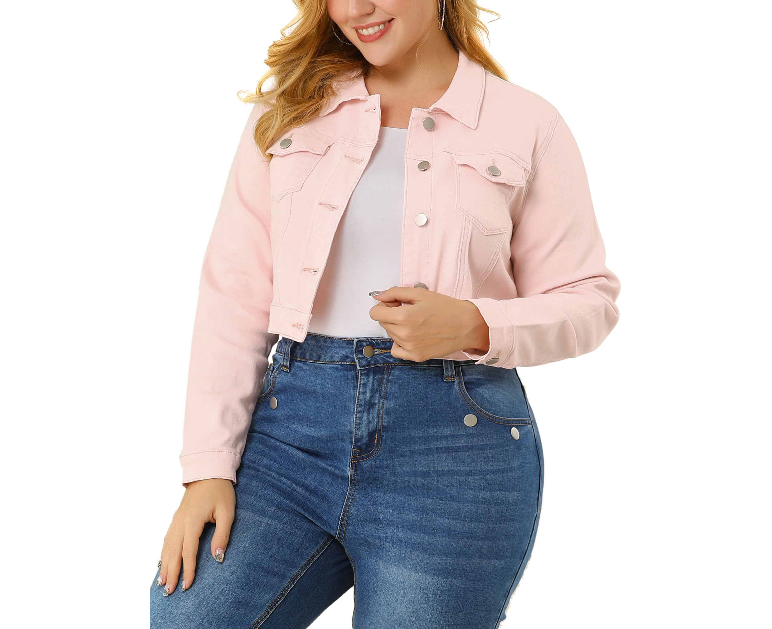 uxcell Plus Size Stitching Cropped Denim Jackets Pink