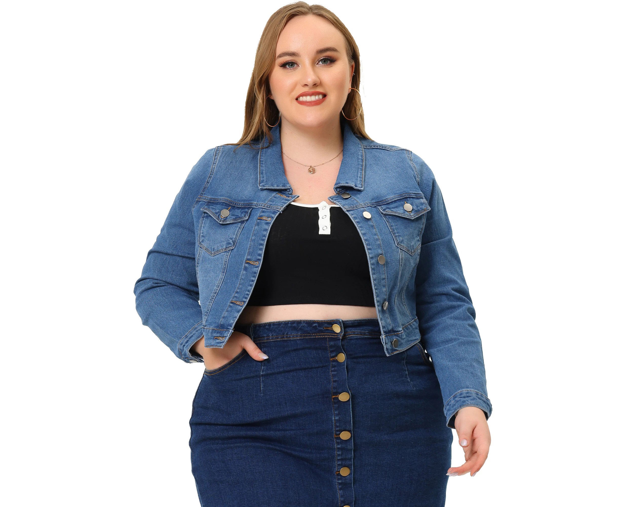 uxcell Plus Size Stitching Cropped Denim Jackets Denim Blue