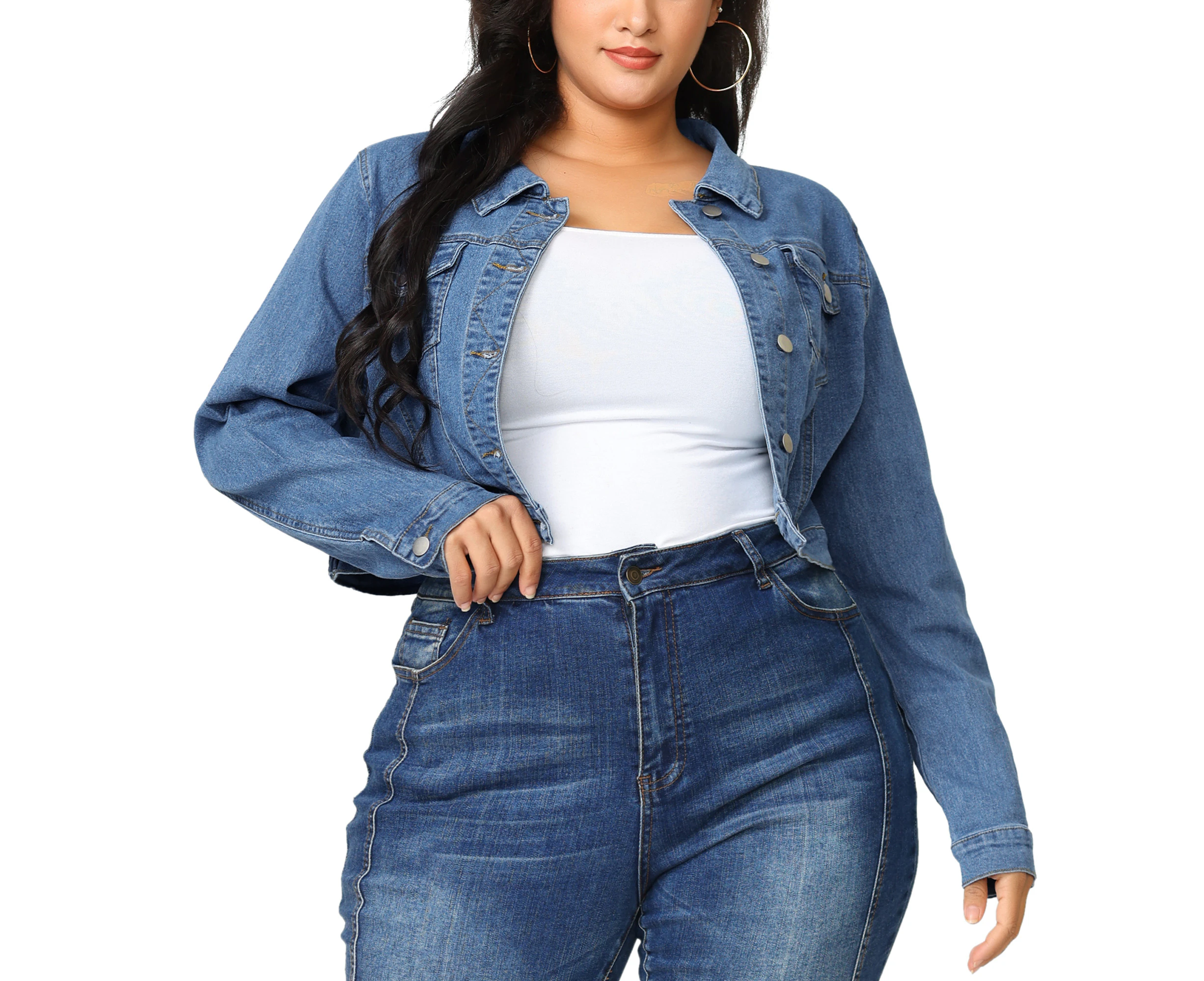 uxcell Plus Size Stitching Cropped Denim Jackets Sky Blue