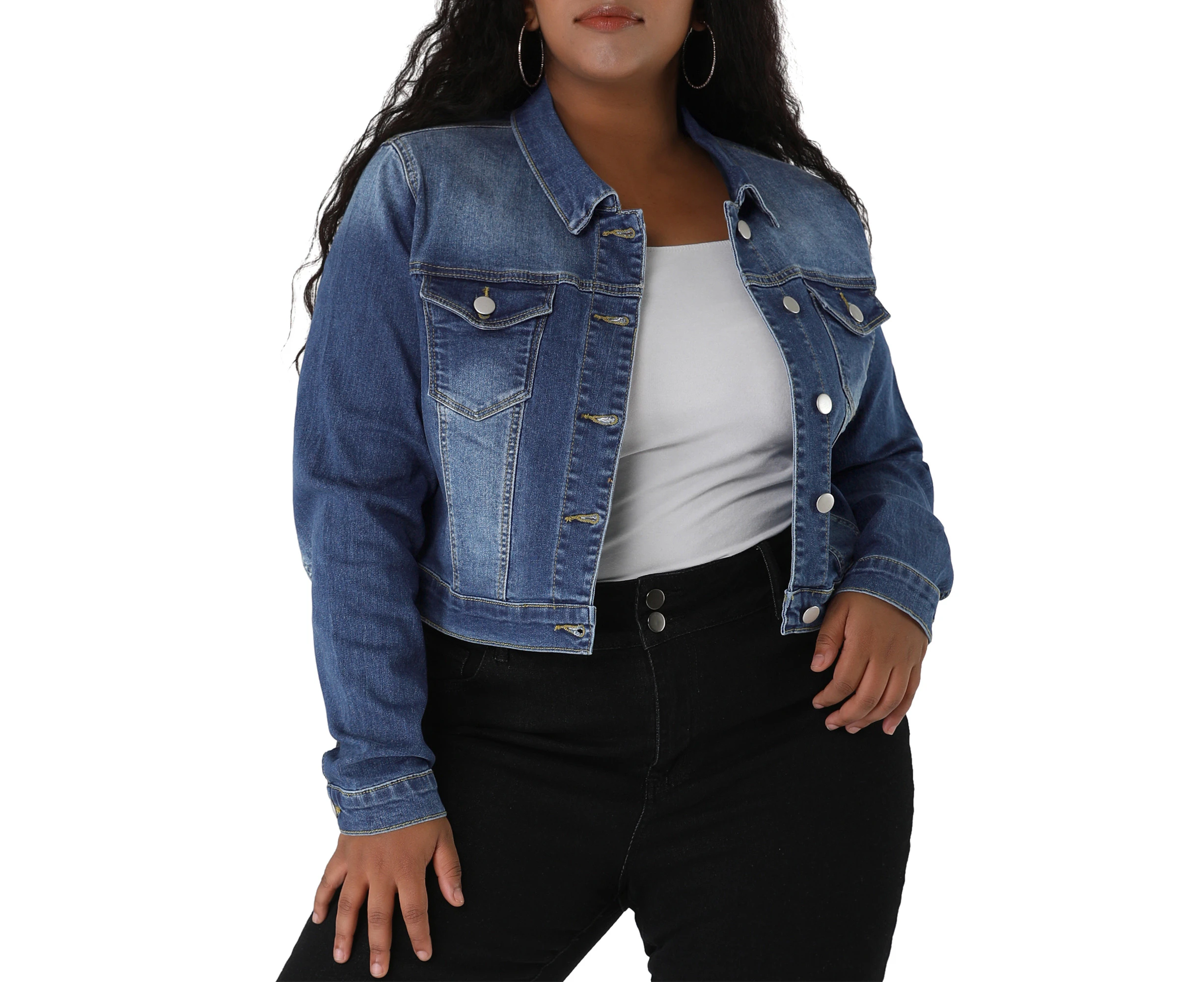 uxcell Plus Size Stitching Cropped Denim Jackets Blue