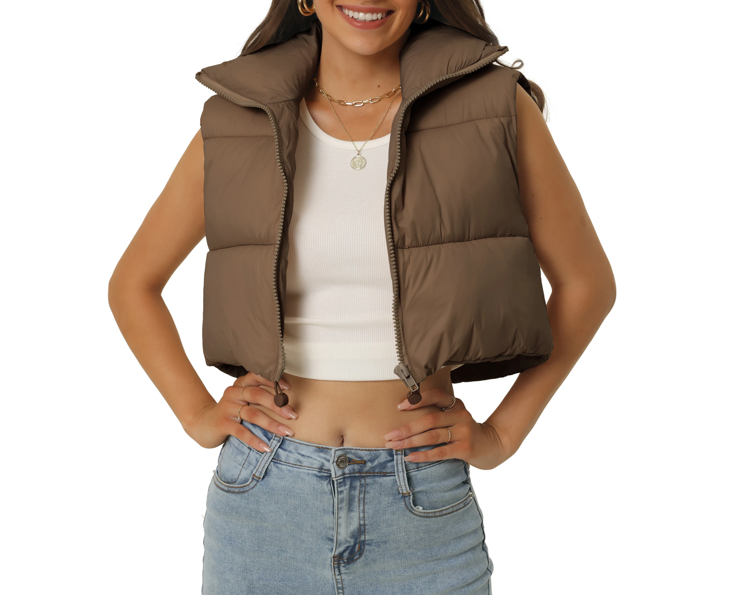 Seta T Crop Sleeveless Winter Warm Outerwear Puffer Vest Brown