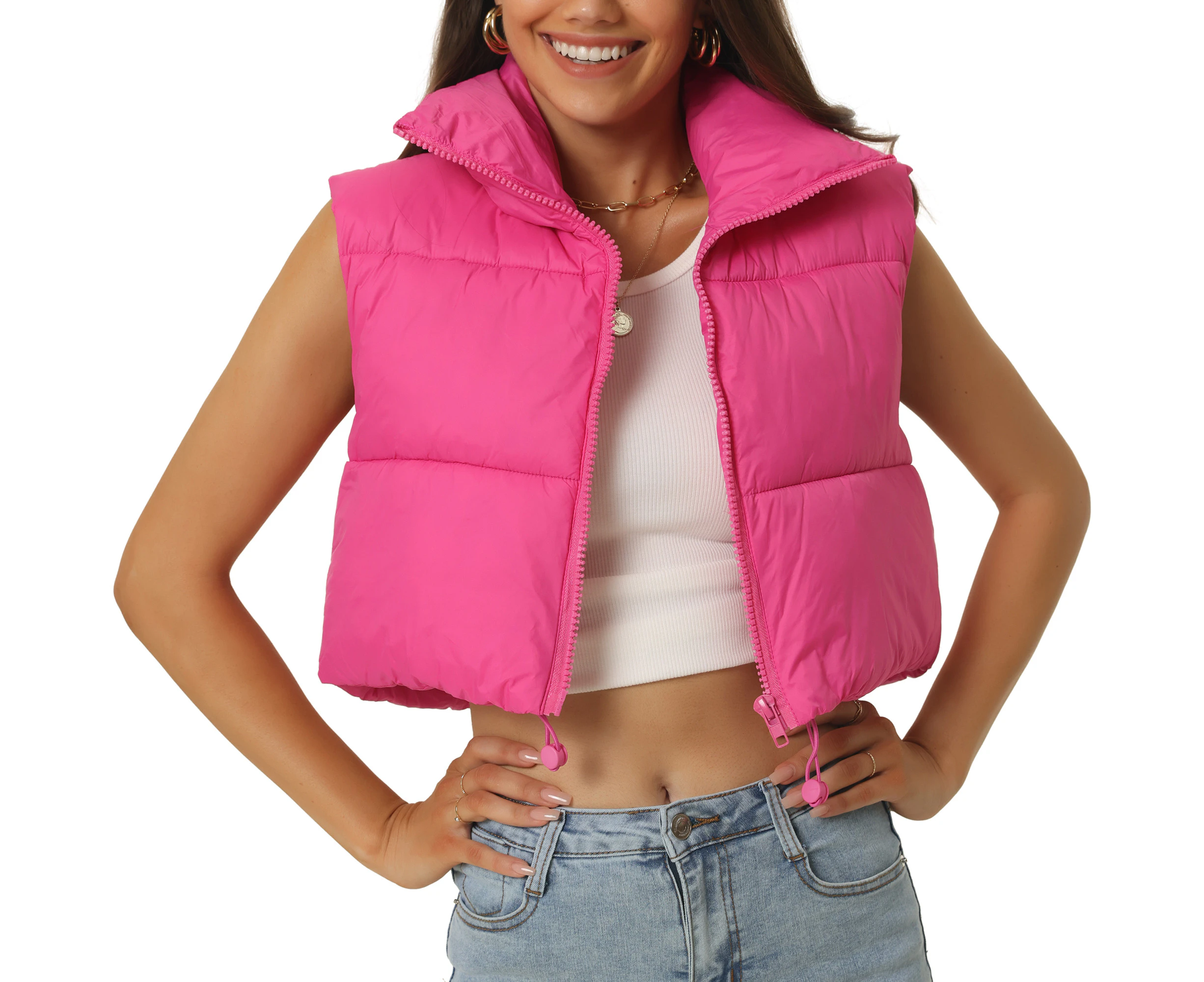 Seta T Crop Sleeveless Winter Warm Outerwear Puffer Vest Hot Pink