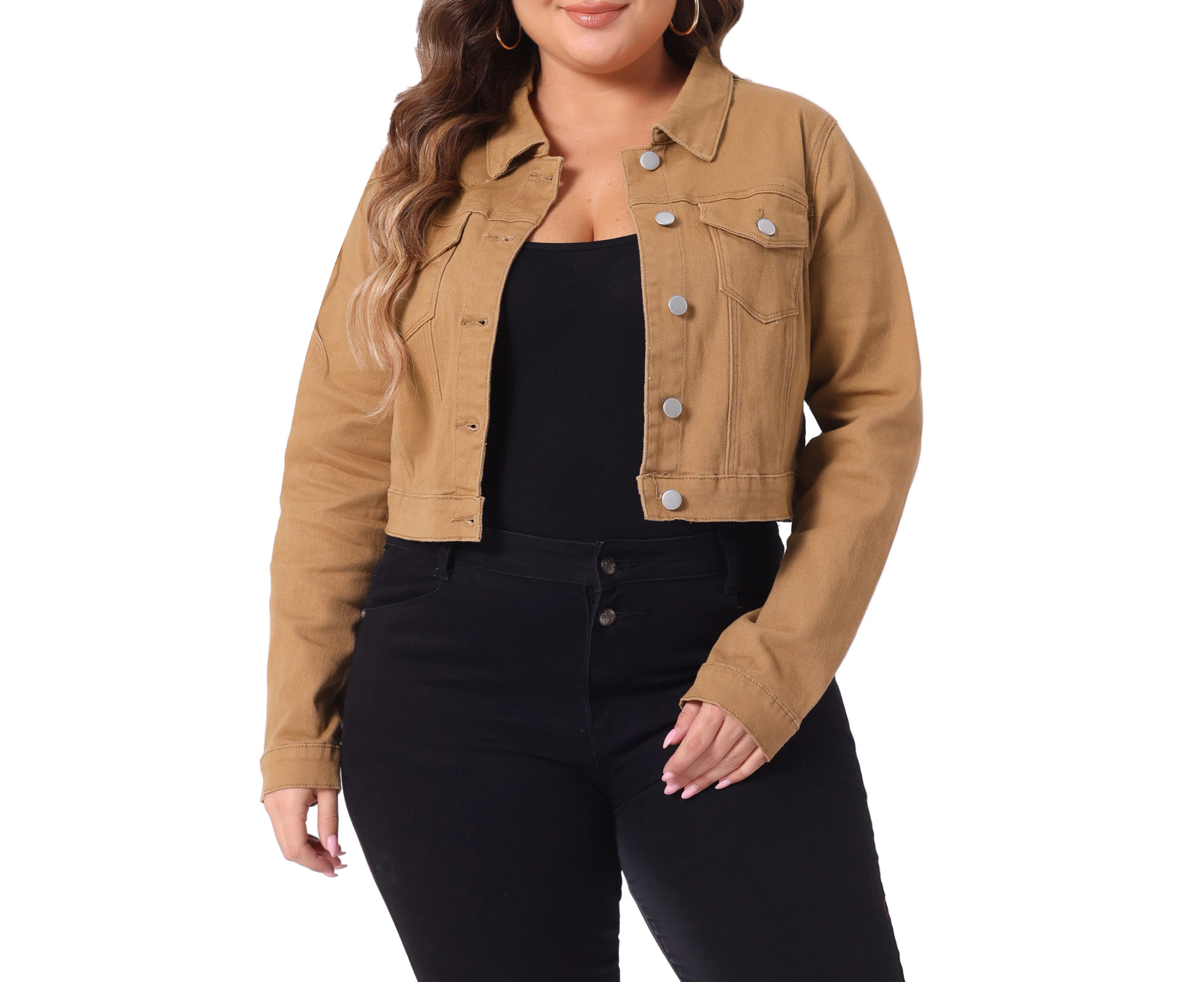 uxcell Plus Size Stitching Cropped Denim Jackets Brown