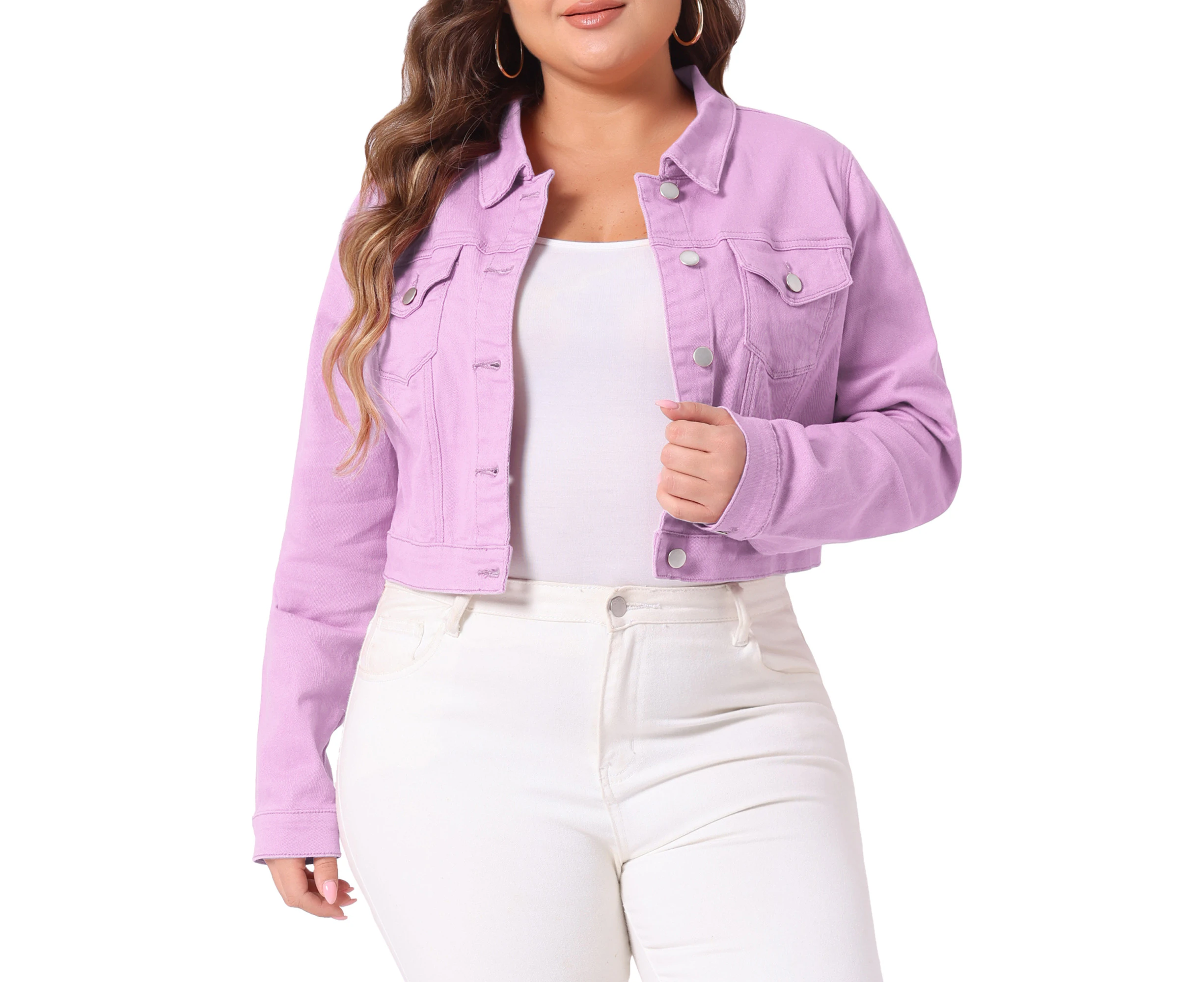 uxcell Plus Size Stitching Cropped Denim Jackets Light Purple