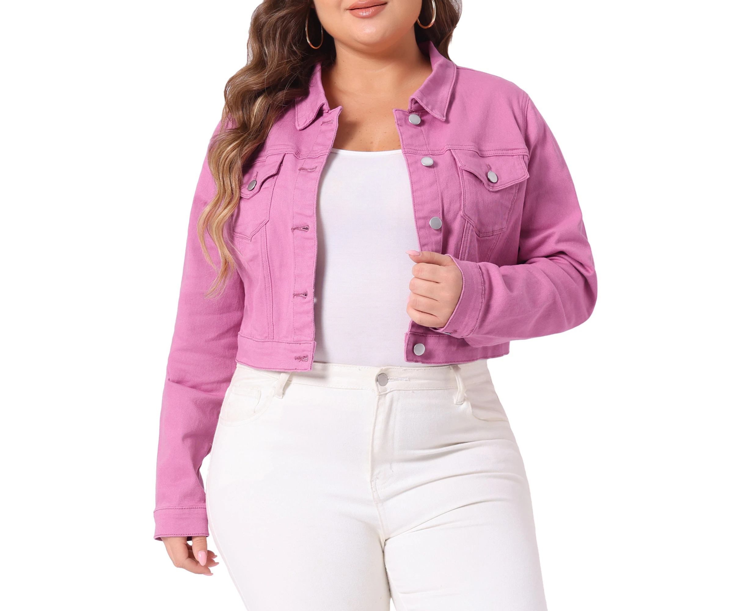 uxcell Plus Size Stitching Cropped Denim Jackets Dark Pink