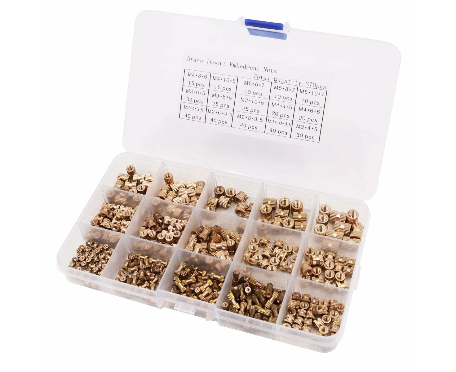 370PCS Threaded Inserts M2 M3 M4 M5 M6 Assortment Box - Brass Embedded Nuts, Brass Heat Set Insert for Plastic Parts - Metric Knurled Nuts