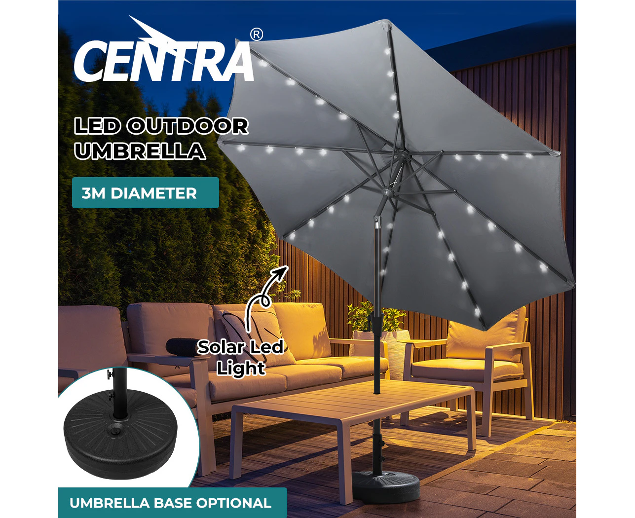 Centra 3M Outdoor Umbrella Garden Beach Stand Tilt Patio Deck Pole UV Grey