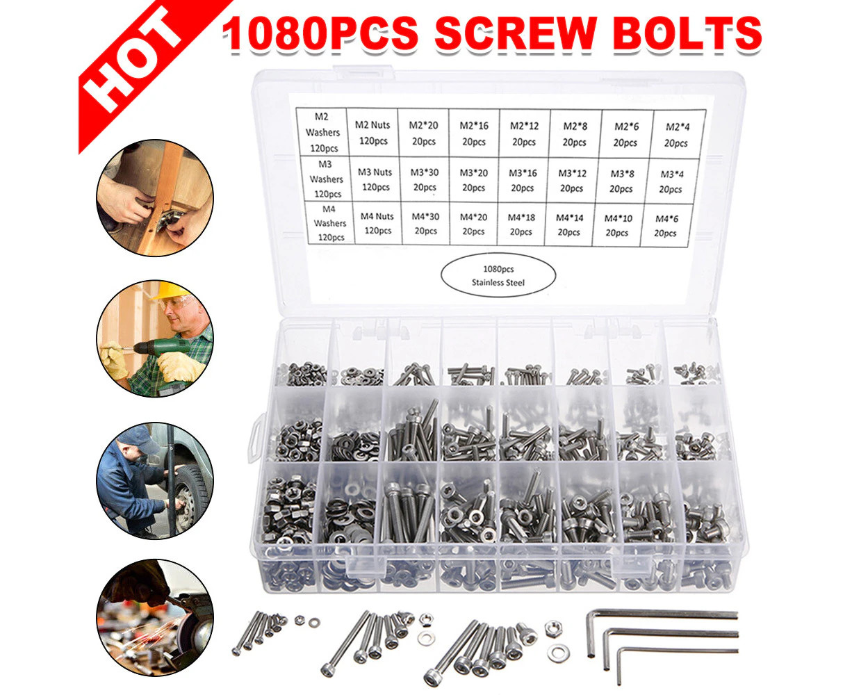 1080pcs Stainless Steel Screws Assortment Kit M2/M3/M4 Hex Socket Button Head Bolts Nuts Set