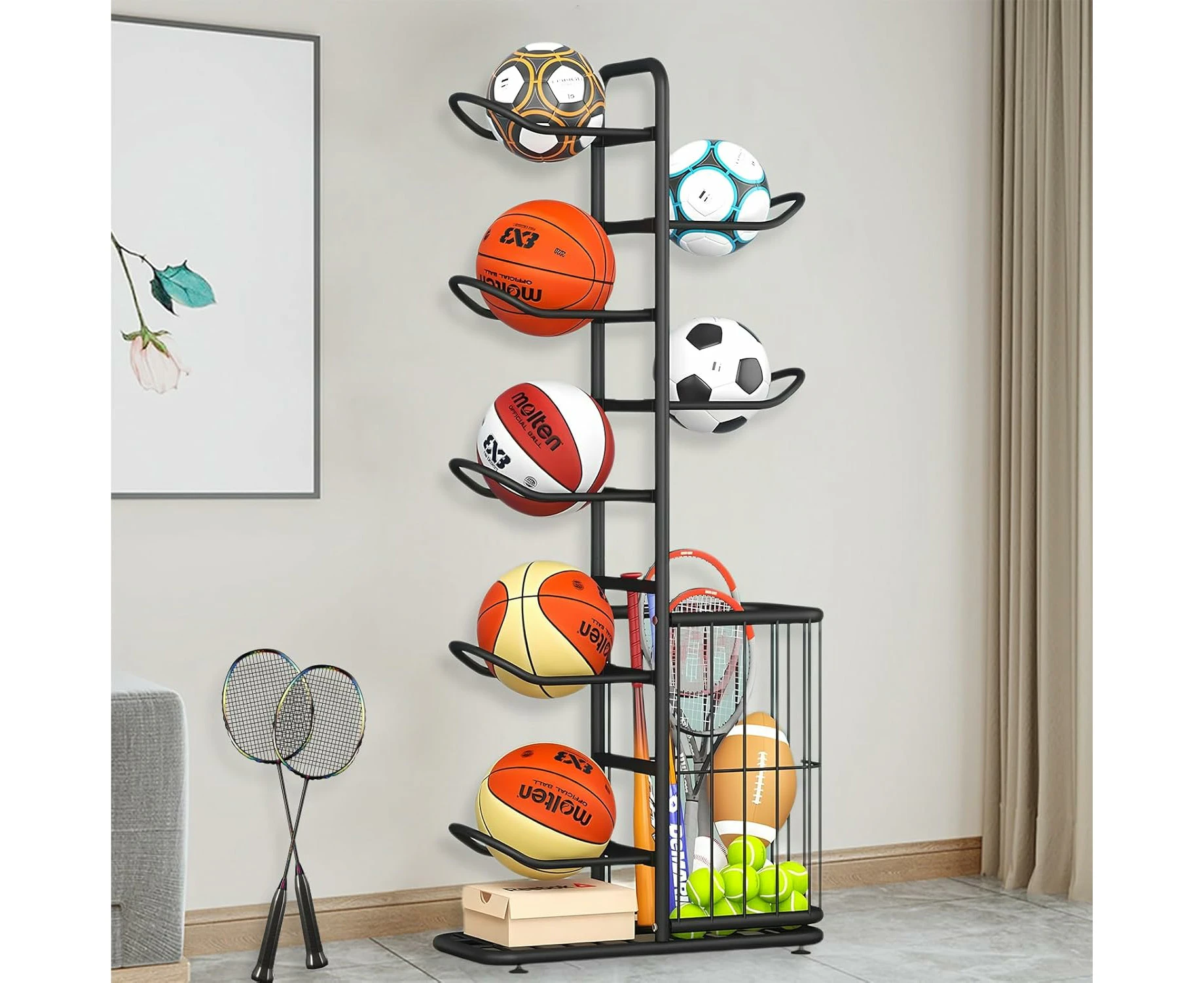 7 Tier Basketball Ball Storage Rack, Freestanding Football Stand Ball Holder Sports Equipment Storage for Garage, Basketball Organizer Rack -White