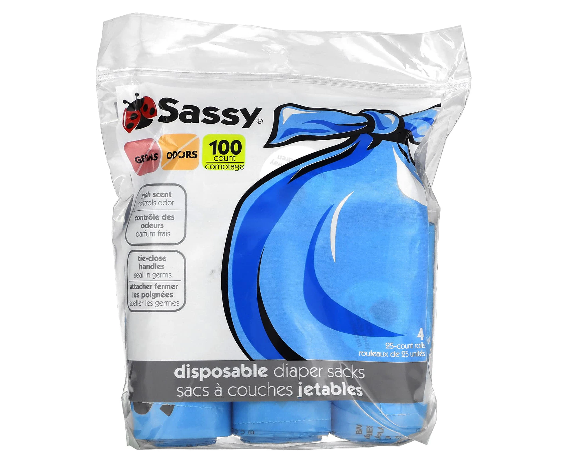 Sassy, Disposable Diaper Sacks, 100 Sacks, 4 - 25 Count Rolls