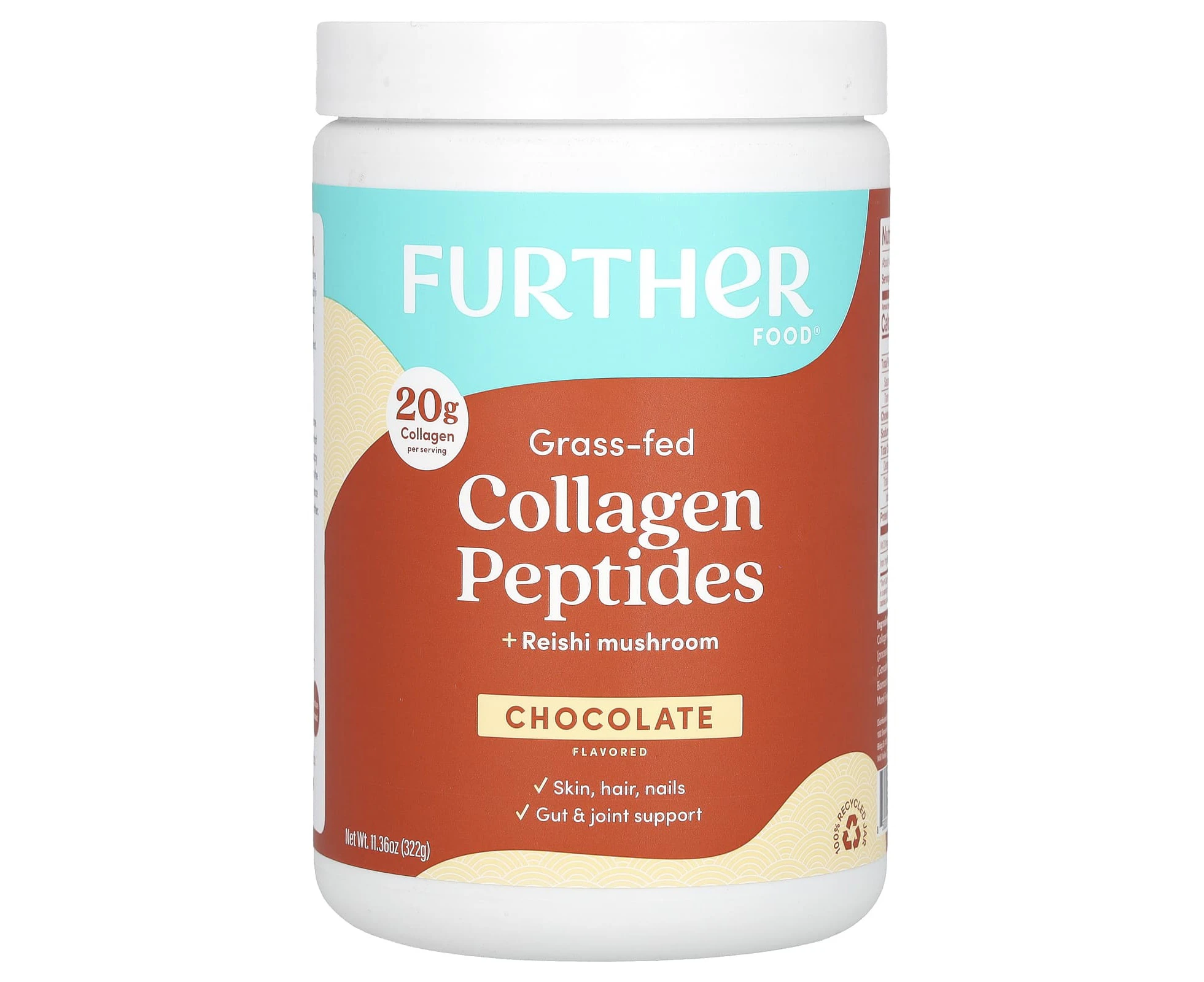 Further Food, Grass-Fed Collagen Peptides + Reishi Mushroom, Chocolate, 11.36 oz (322 g)