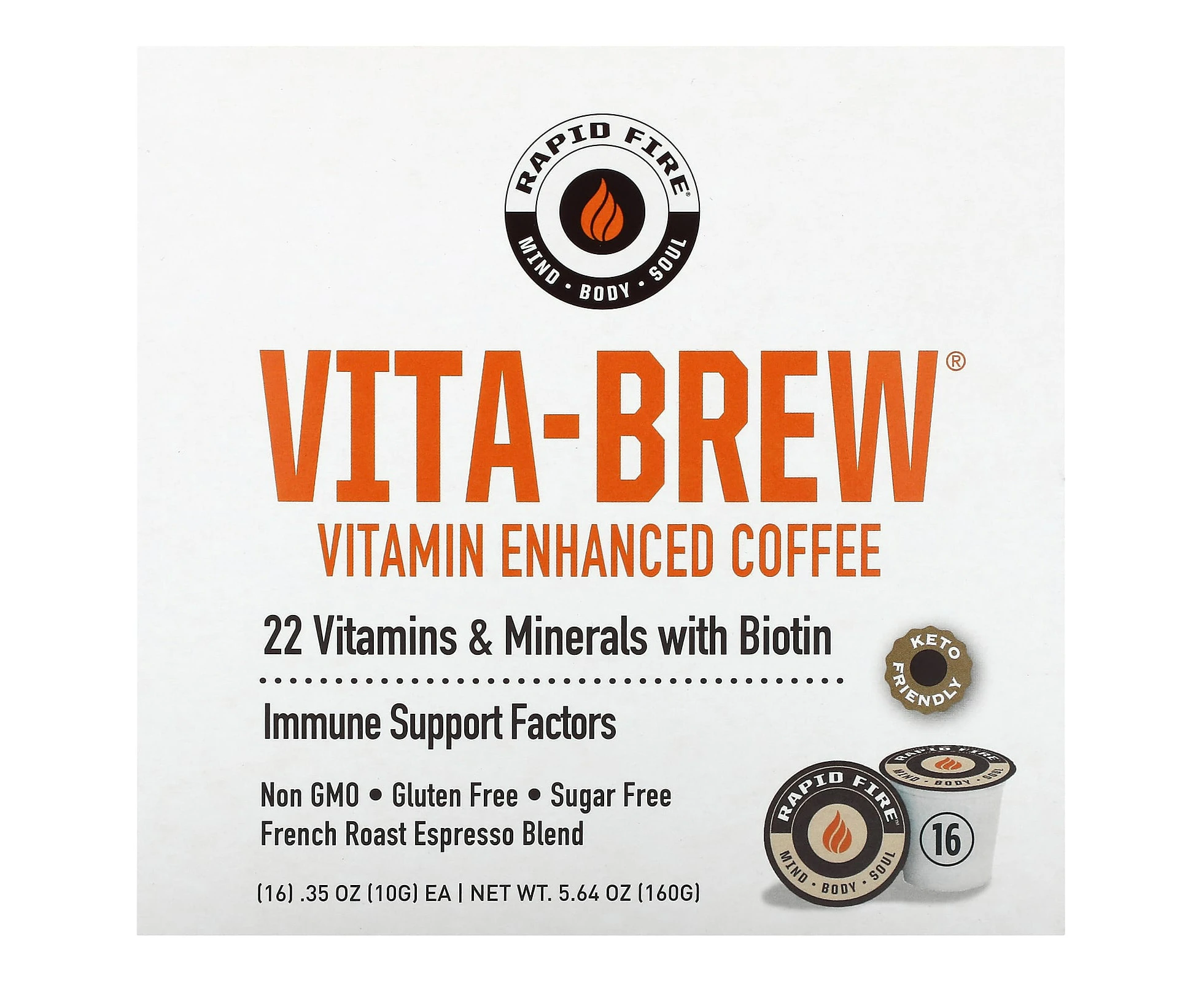 RAPIDFIRE, Vita-Brew, Vitamin Enhanced Coffee, French Roast Espresso Blend, 16 K-Cup, 0.35 oz (10 g) Each