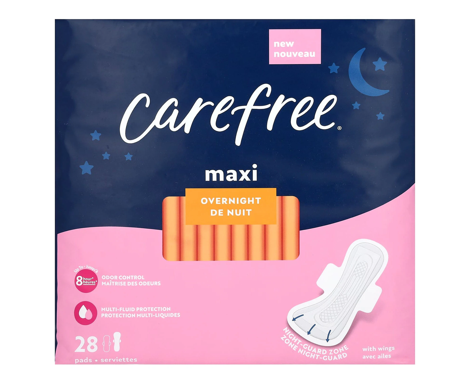 Carefree, Maxi, Overnight with Wings, 28 Pads