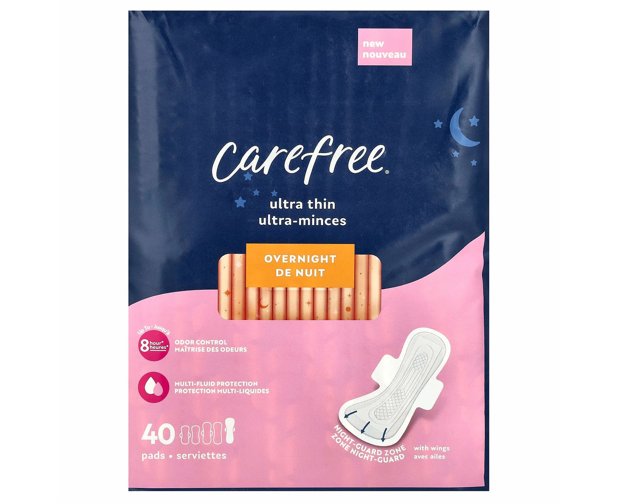 Carefree, Ultra Thin, Overnight with Wings, 40 Pads