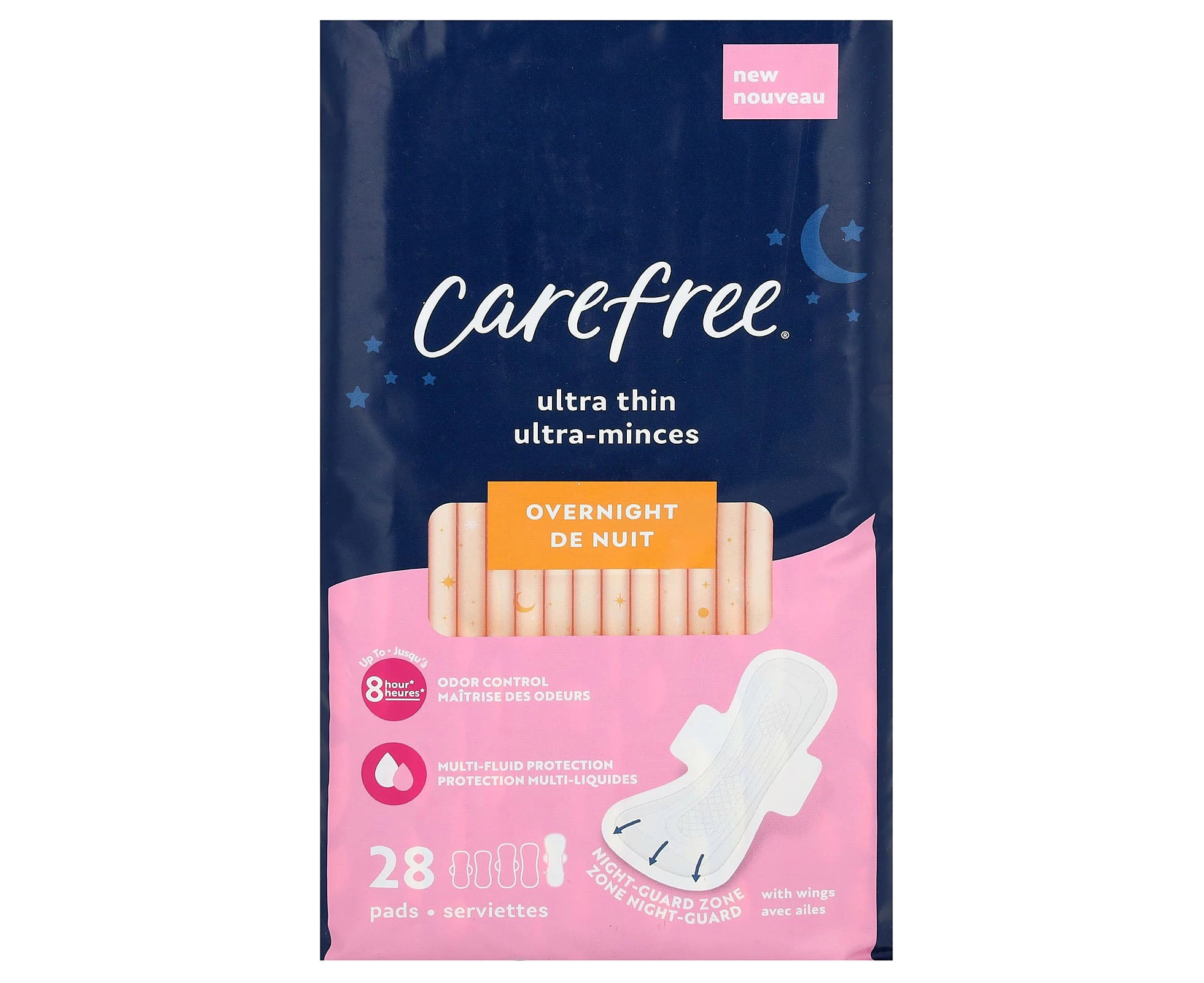 Carefree, Ultra Thin, Overnight with Wings, 28 Pads