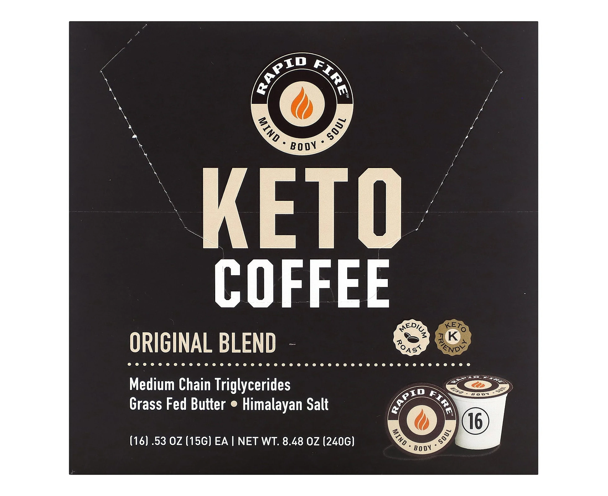 RAPIDFIRE, Keto Coffee Pods, Original Blend, Medium Roast, 16 Pods, 0.53 oz (15 g) Each