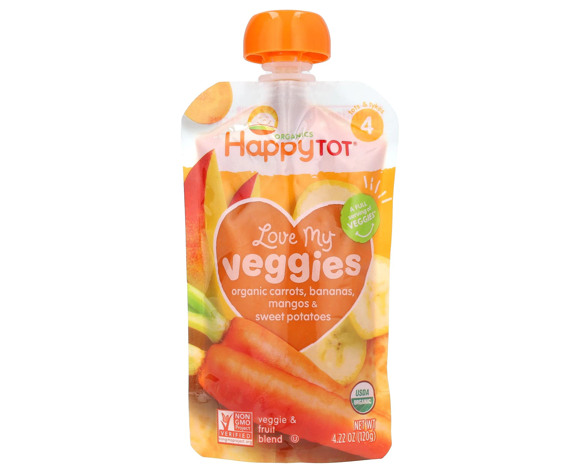 Happy Family Organics, Happy Tot, Love My Veggies, Stage 4, Organic Carrots, Bananas, Mangos & Sweet Potatoes, 4.22 oz (120 g)