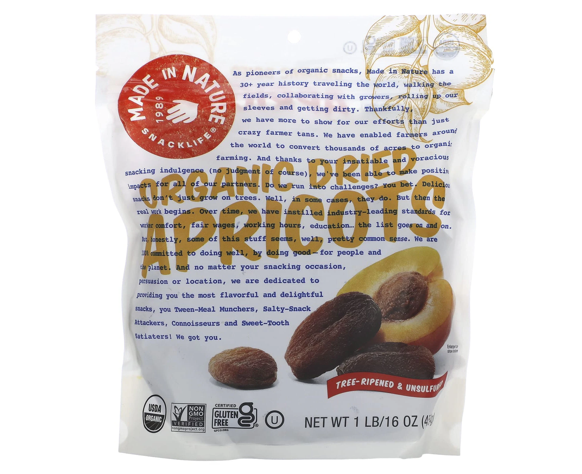 Made in Nature, Organic Dried Apricots, Tree-Ripened & Unsulfured, 1 lb (454 g)