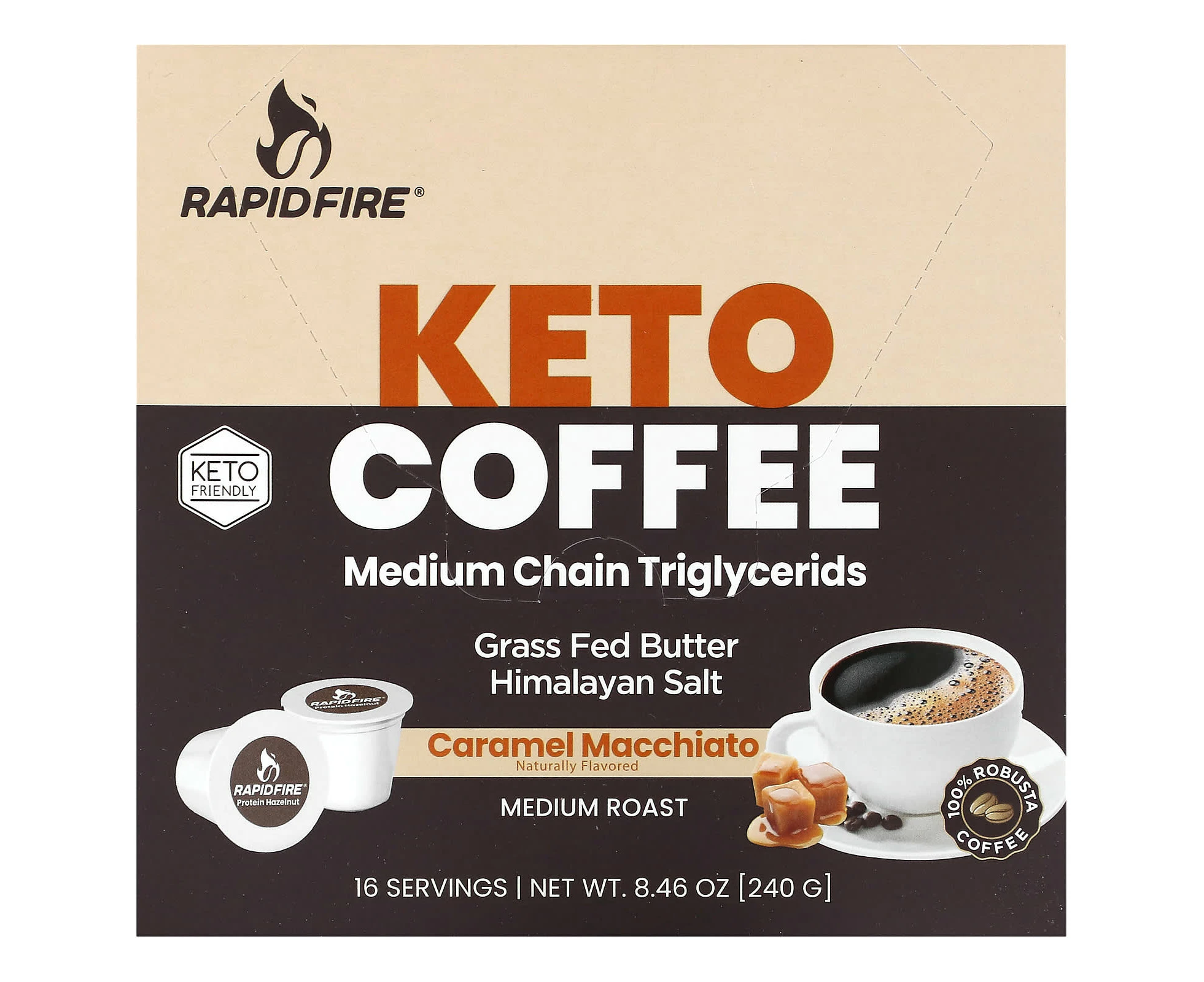 RAPIDFIRE, Keto Coffee Pod, Caramel Macchiato, Medium Roast, 16 Pods, 8.46 oz (240 g)