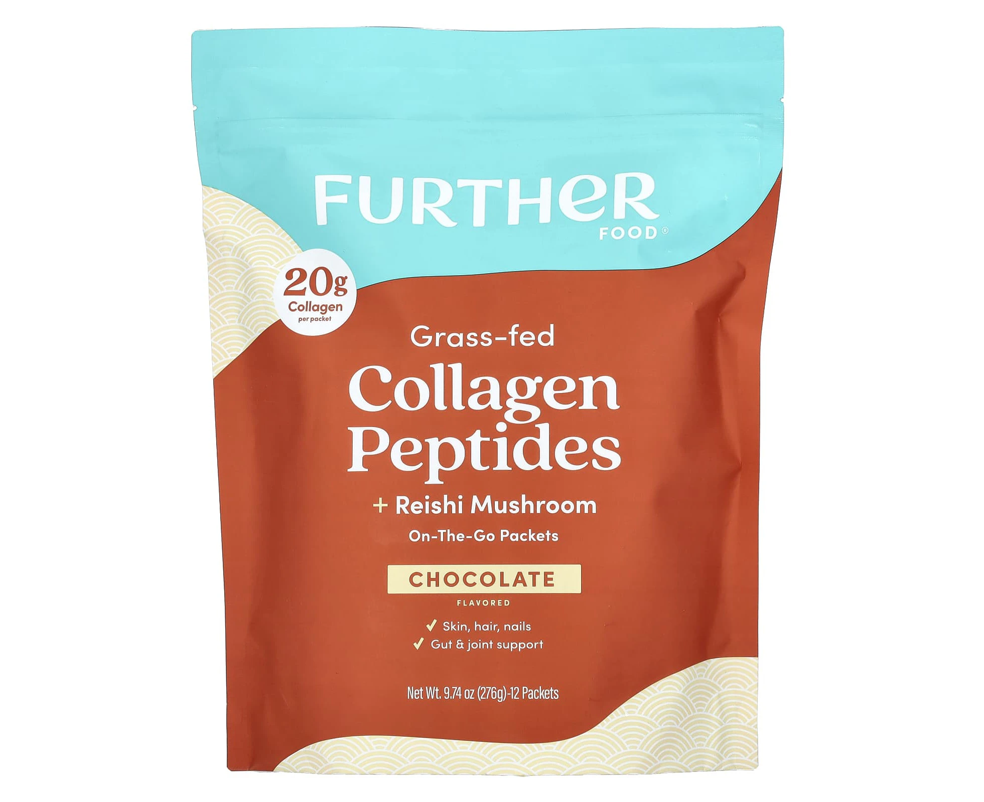 Further Food, Grass-Fed Collagen Peptides + Reishi Mushroom, Chocolate, 12 Packets, 0.81 oz (23 g) Each