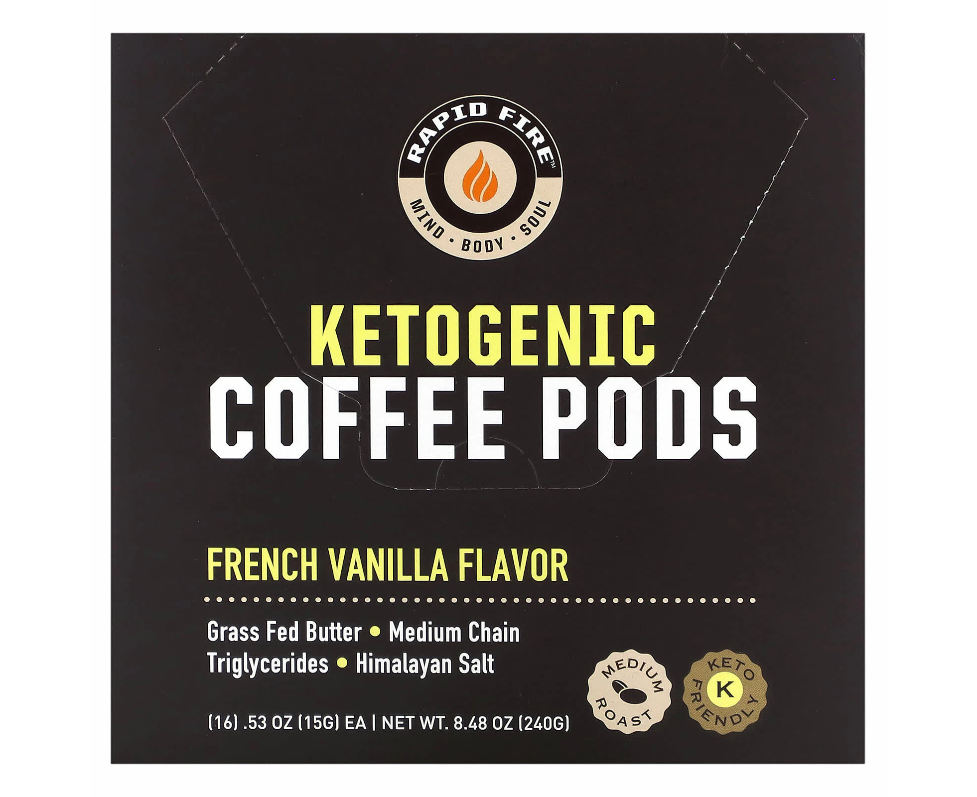 RAPIDFIRE, Ketogenic Coffee Pods, French Vanilla, Medium Roast, 16 Pods, 8.48 oz (240 g)