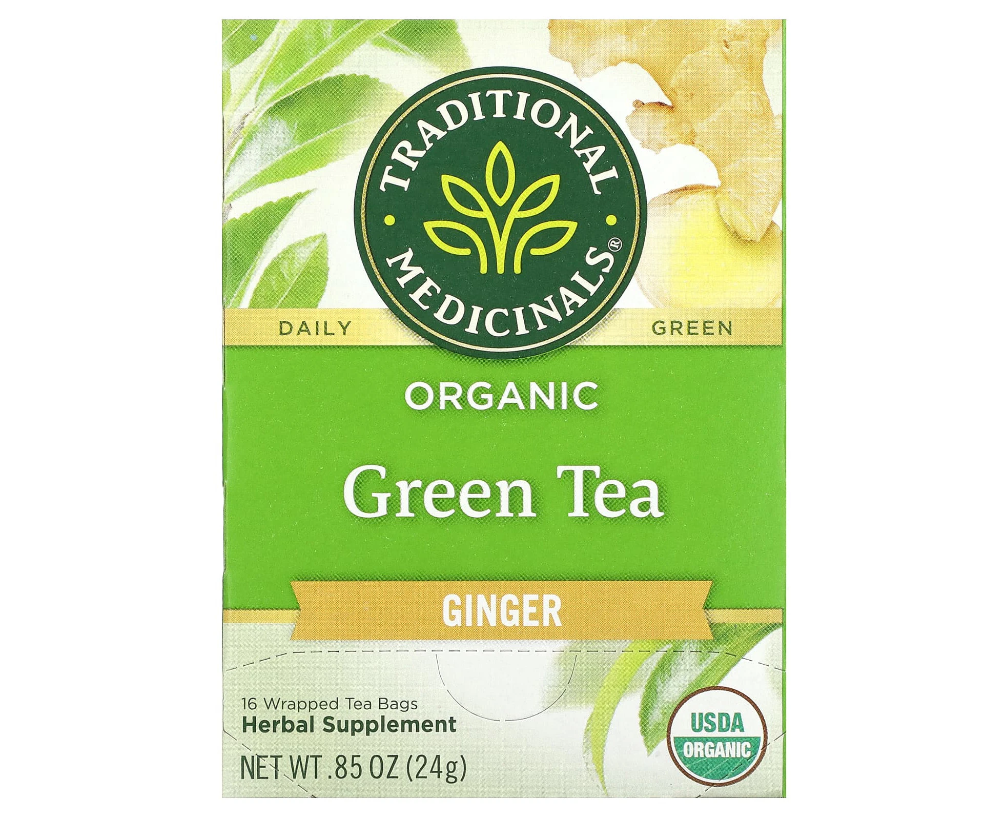 Traditional Medicinals, Organic Green Tea, Ginger, 16 Wrapped Tea Bags, 0.85 oz (24 g)